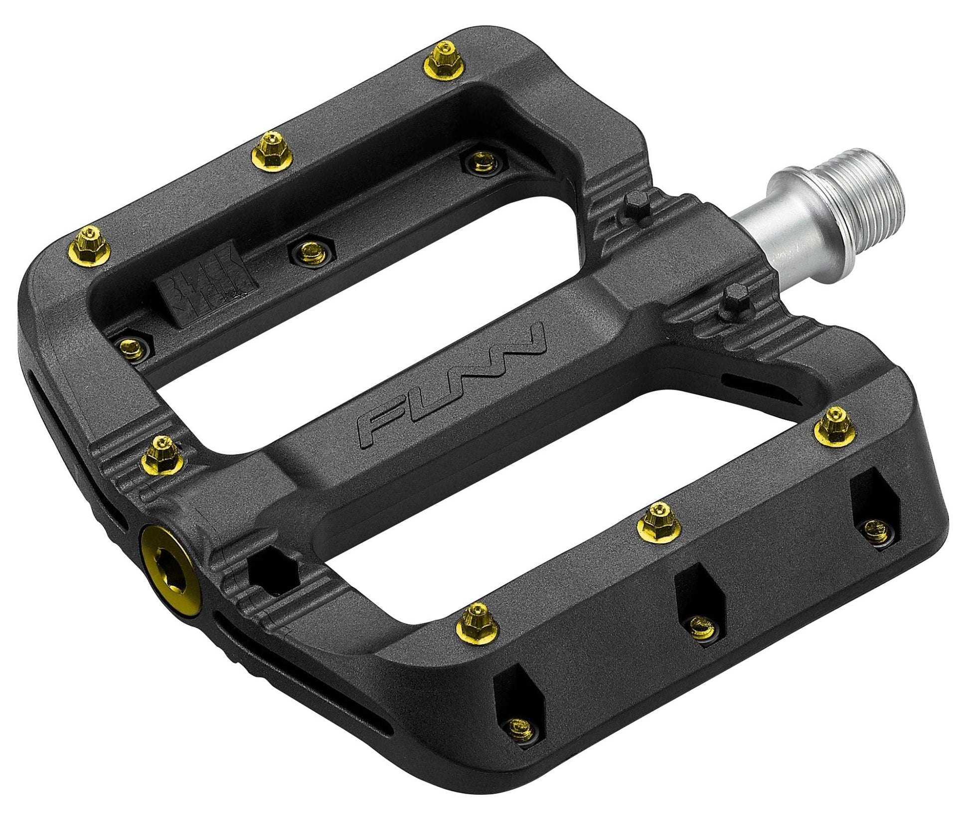 Funn mountain bike components - Black Magic Flat Pedals Gold in a white background.