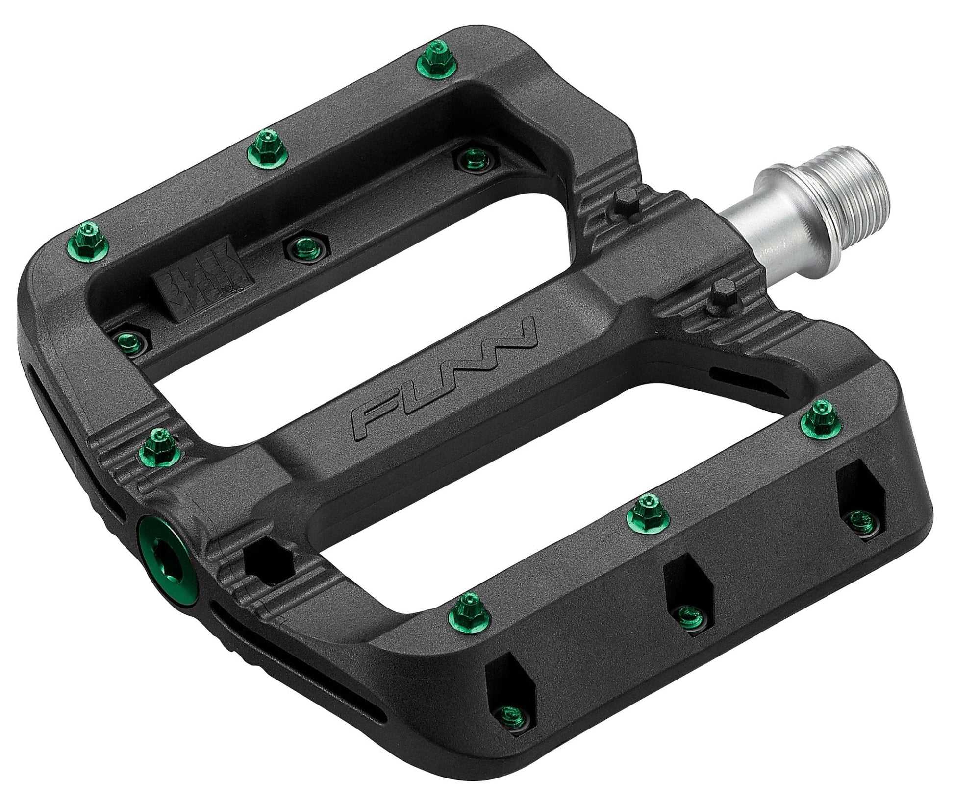 Funn mountain bike components - Black Magic Flat Pedals Green in a white background.