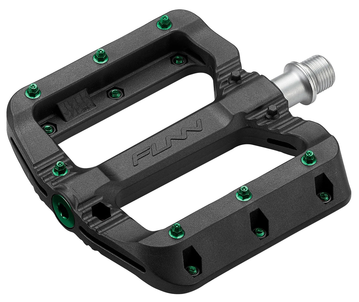 FUNN Black Magic flat composite pedal with wide black platform, green traction pins and silver spindle for MTB and BMX bikes