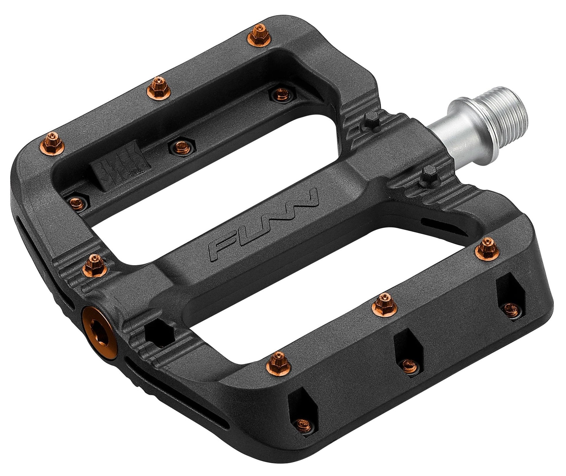 Funn mountain bike components - Black Magic Flat Pedals Orange in a white background.