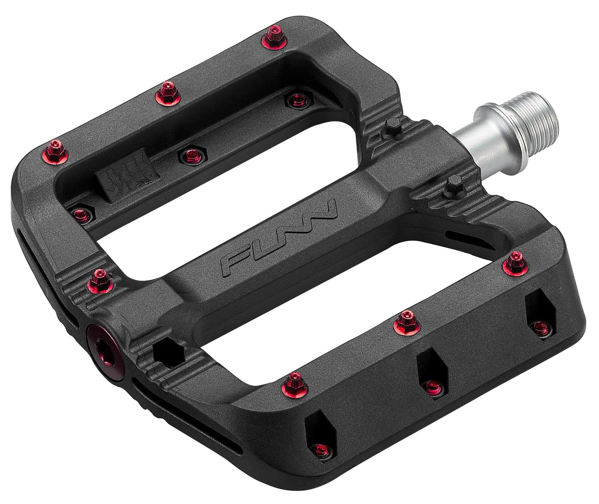 Funn mountain bike components - Black Magic Flat Pedals Red in a white background.