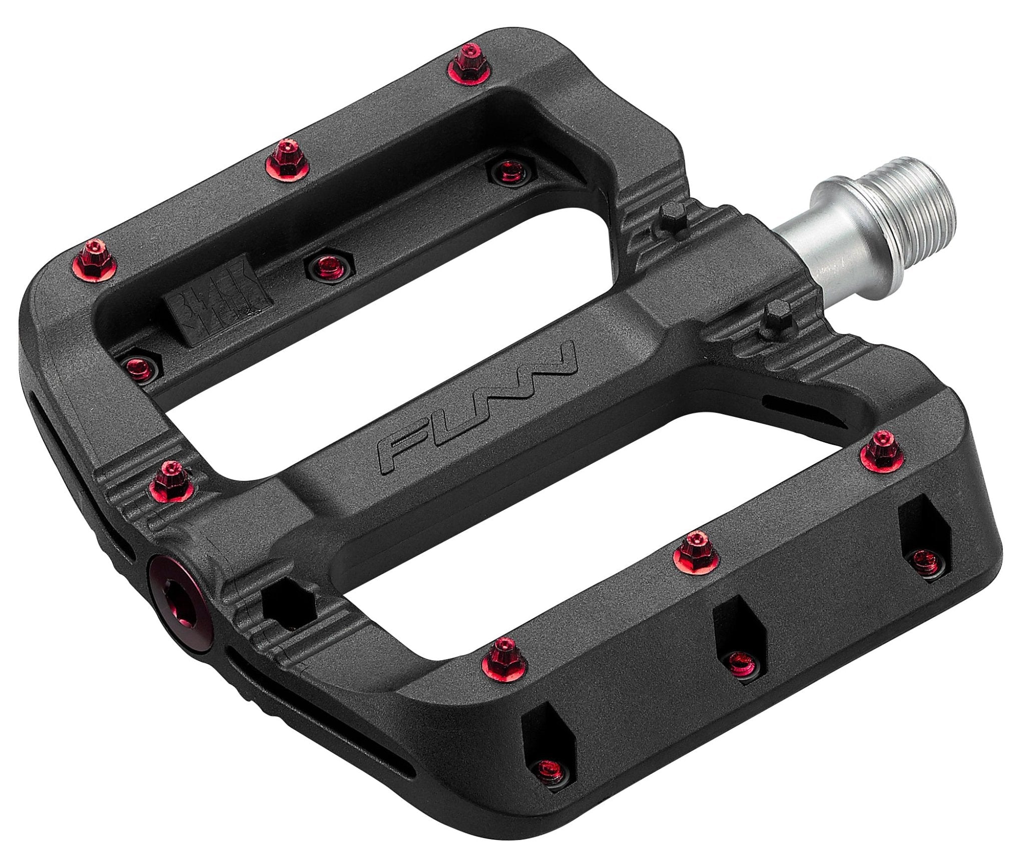 FUNN Black Magic flat composite pedal in black with red traction pins and silver axle for MTB grip and control