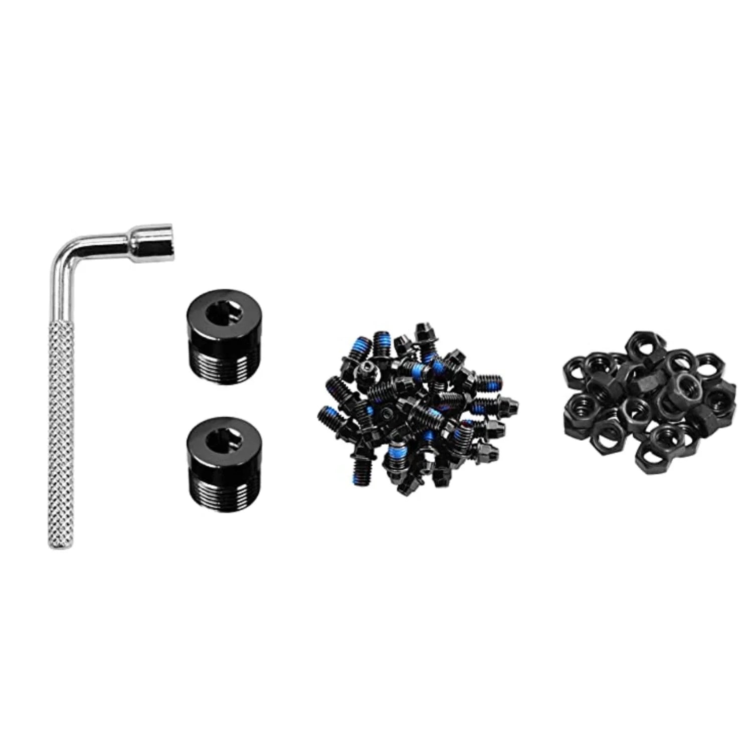 FUNN Black Magic Pedal Pin Kit with black, steel pins, nuts, spacers and L-shaped installation tool.