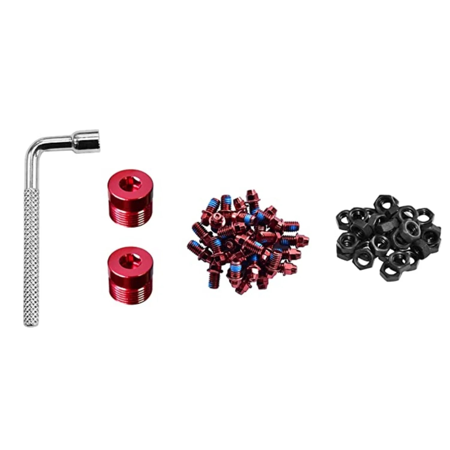 FUNN Black Magic Pedal Pin Kit with red steel pins, nuts, spacers and L-shaped installation tool.
