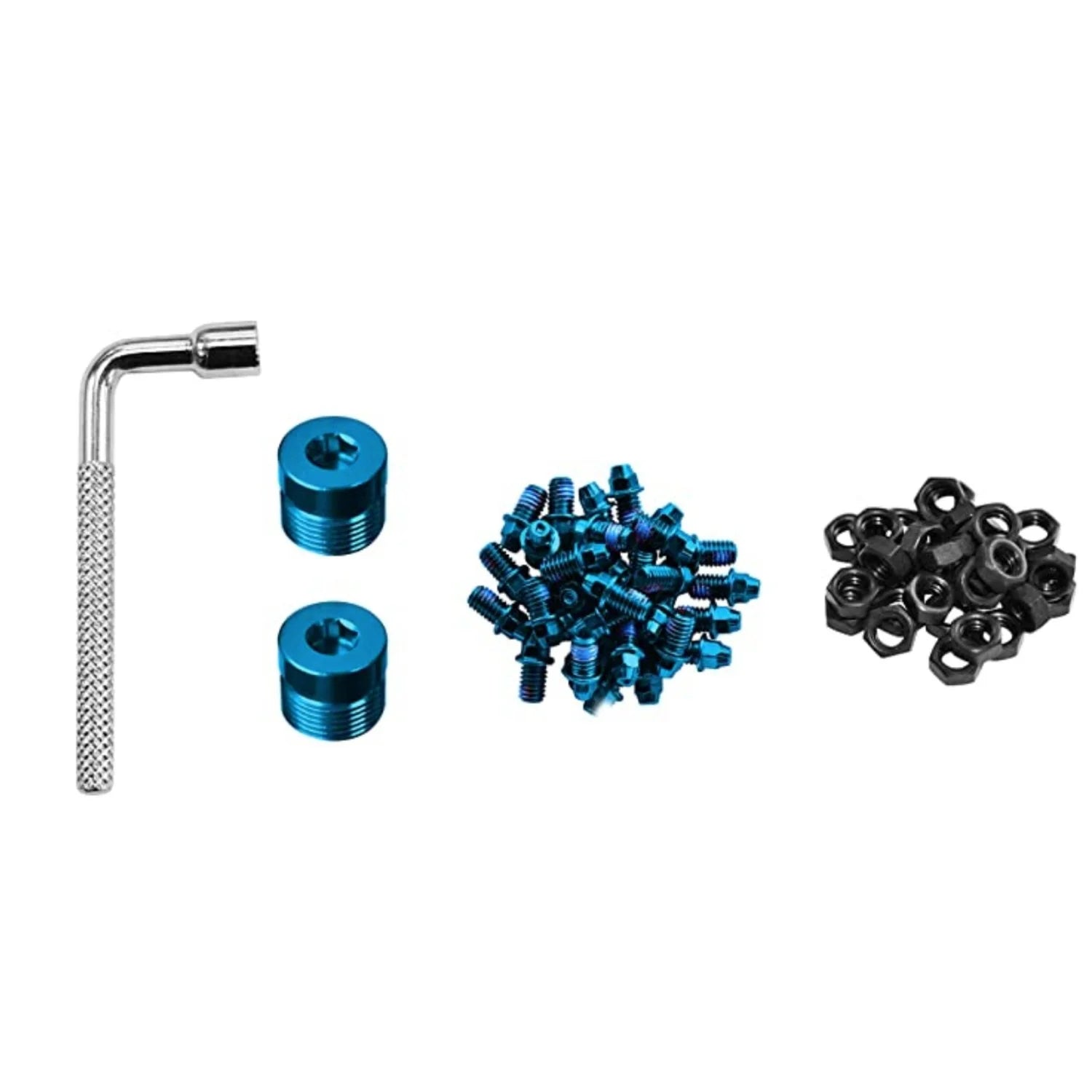 FUNN Black Magic Pedal Pin Kit with blue steel pins, nuts, spacers and L-shaped installation tool.