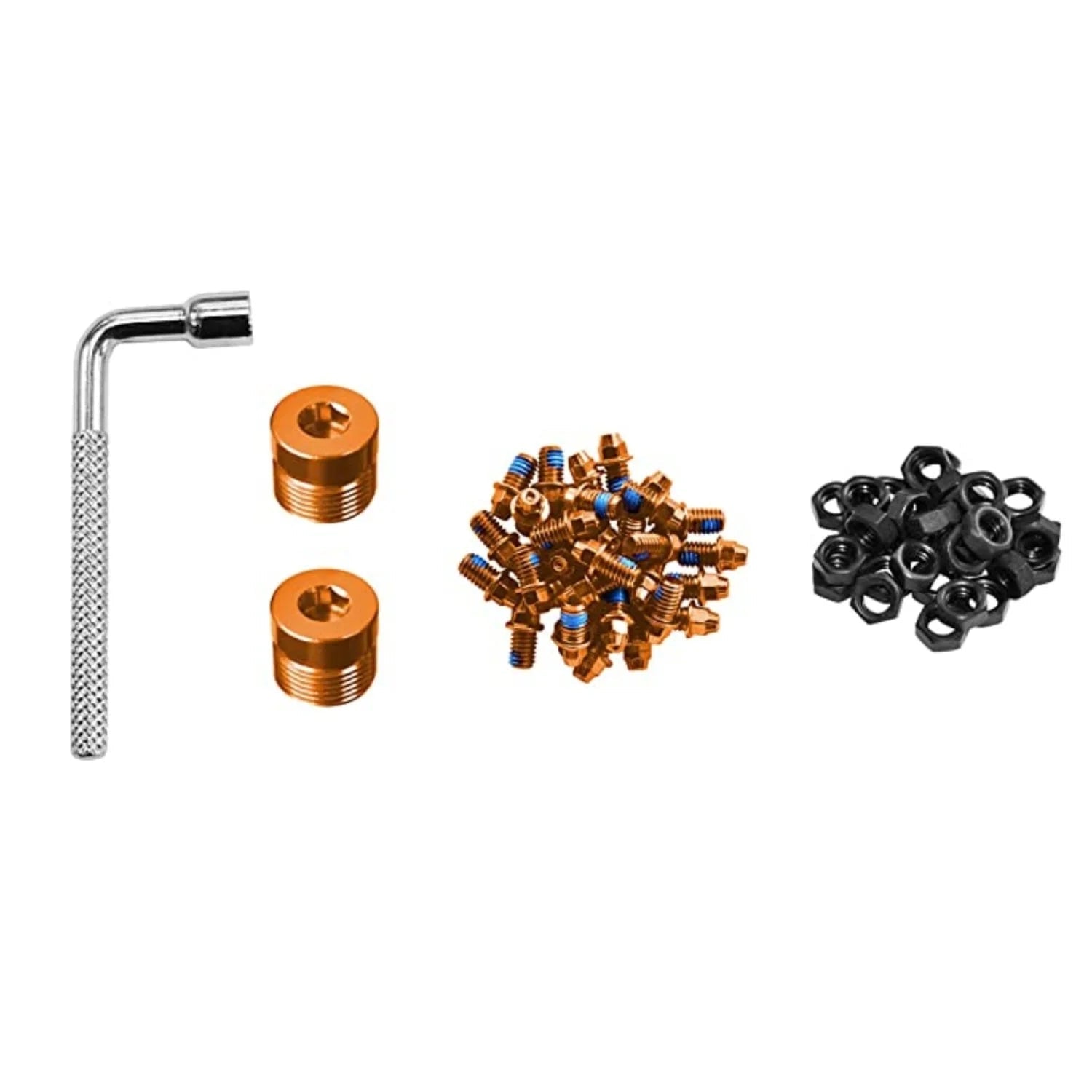 FUNN Black Magic Pedal Pin Kit with orange steel pins, nuts, spacers and L-shaped installation tool.