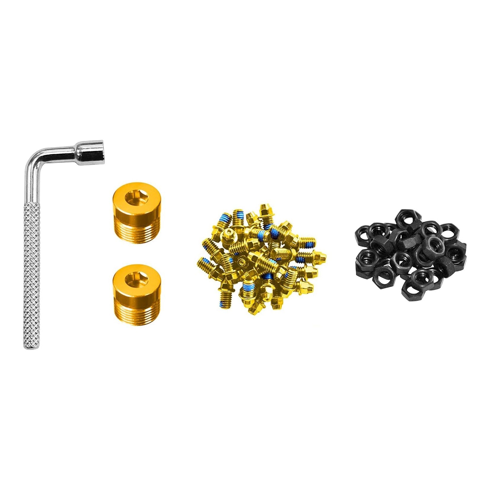 FUNN Black Magic Pedal Pin Kit with gold steel pins, nuts, spacers and L-shaped installation tool.