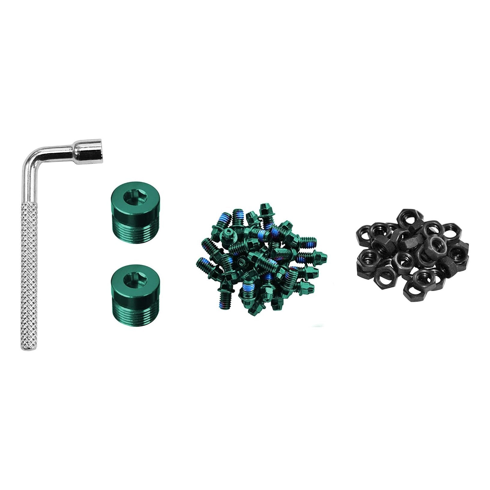 FUNN Black Magic Pedal Pin Kit with green steel pins, nuts, spacers and L-shaped installation tool.