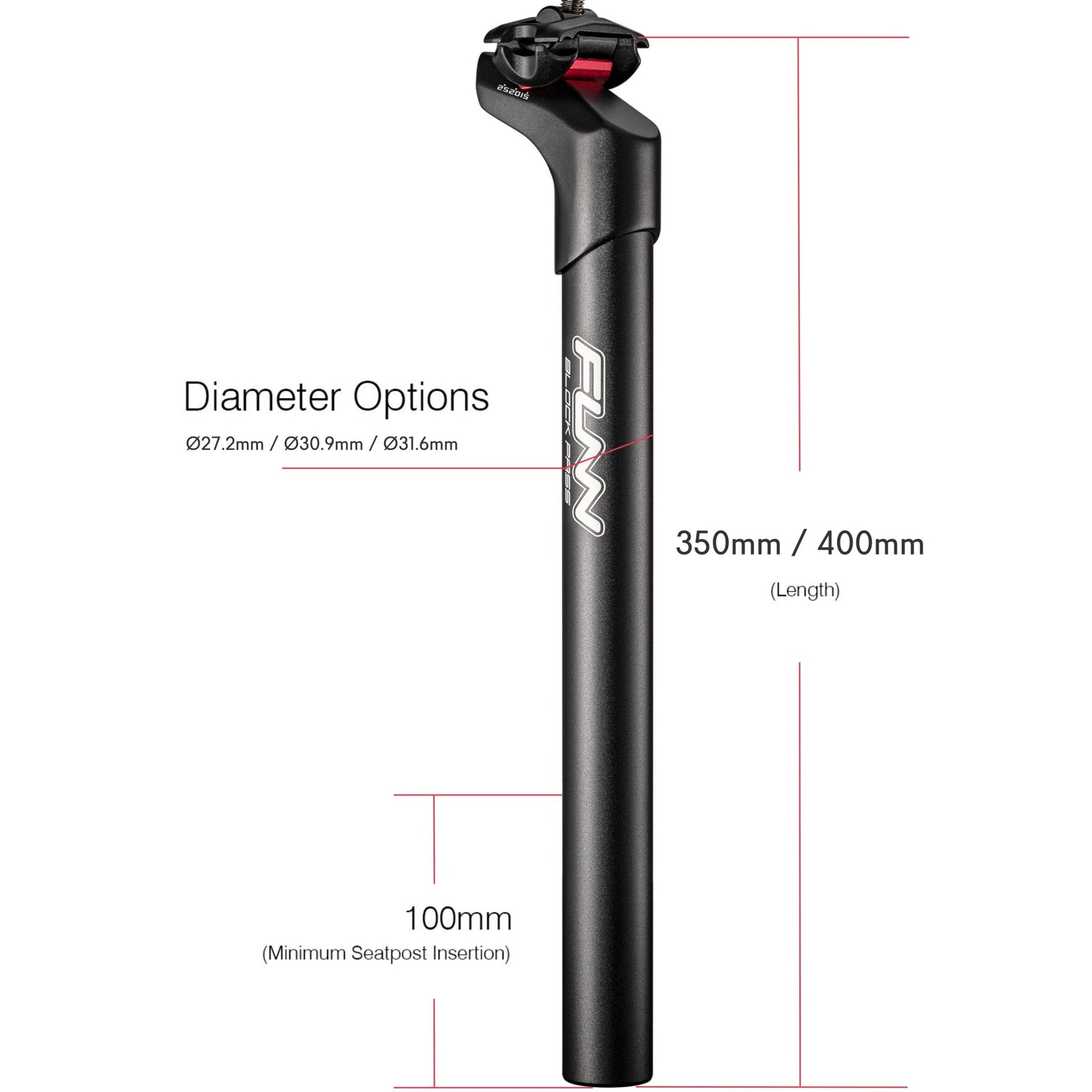 Funn mountain bike components - Blockpass Seatpost Black 30.9mm 350mm in a white background.