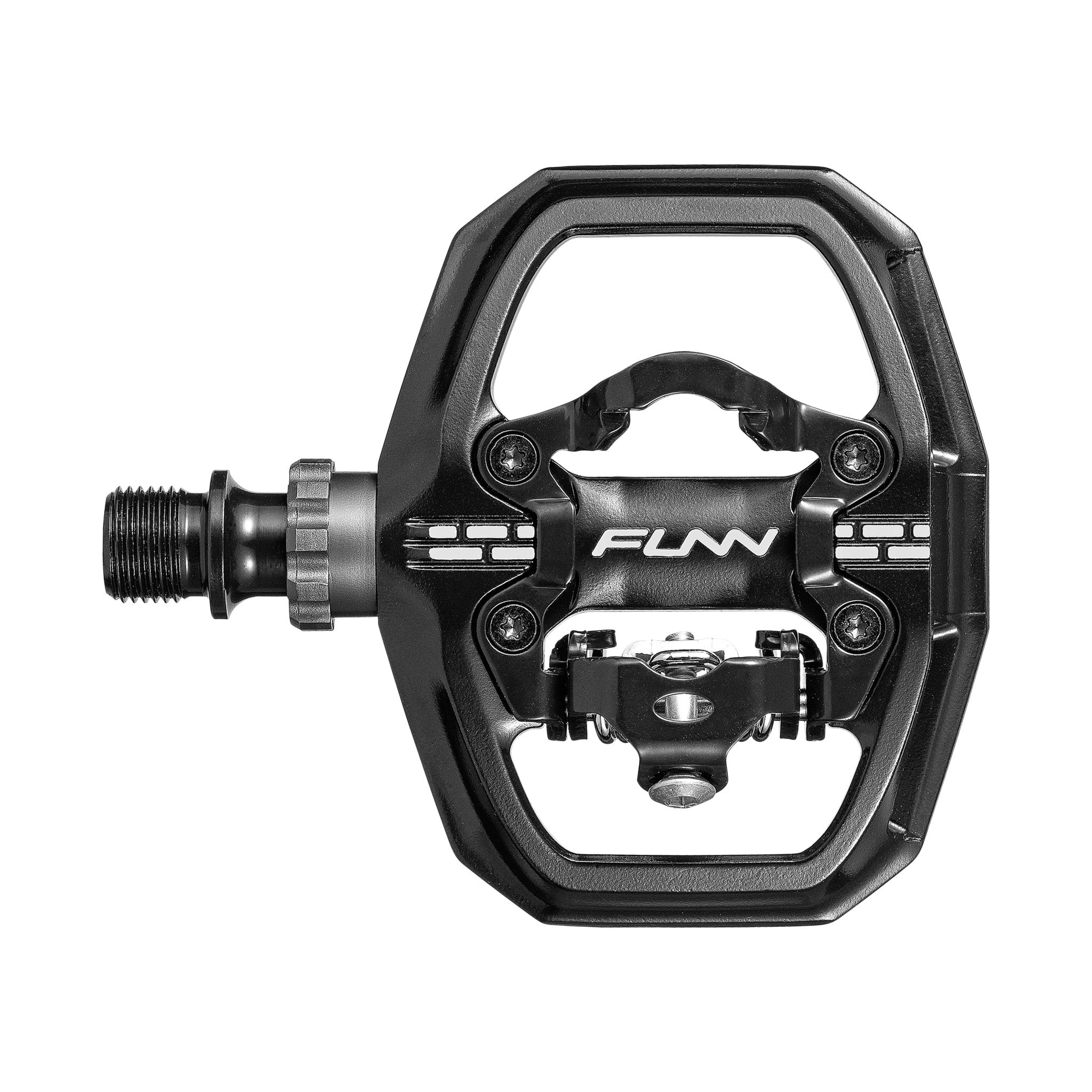 Black FUNN Clast Clip-In Pedals with wide alloy platform and SPD clipless mechanism for secure, high-performance mountain biking