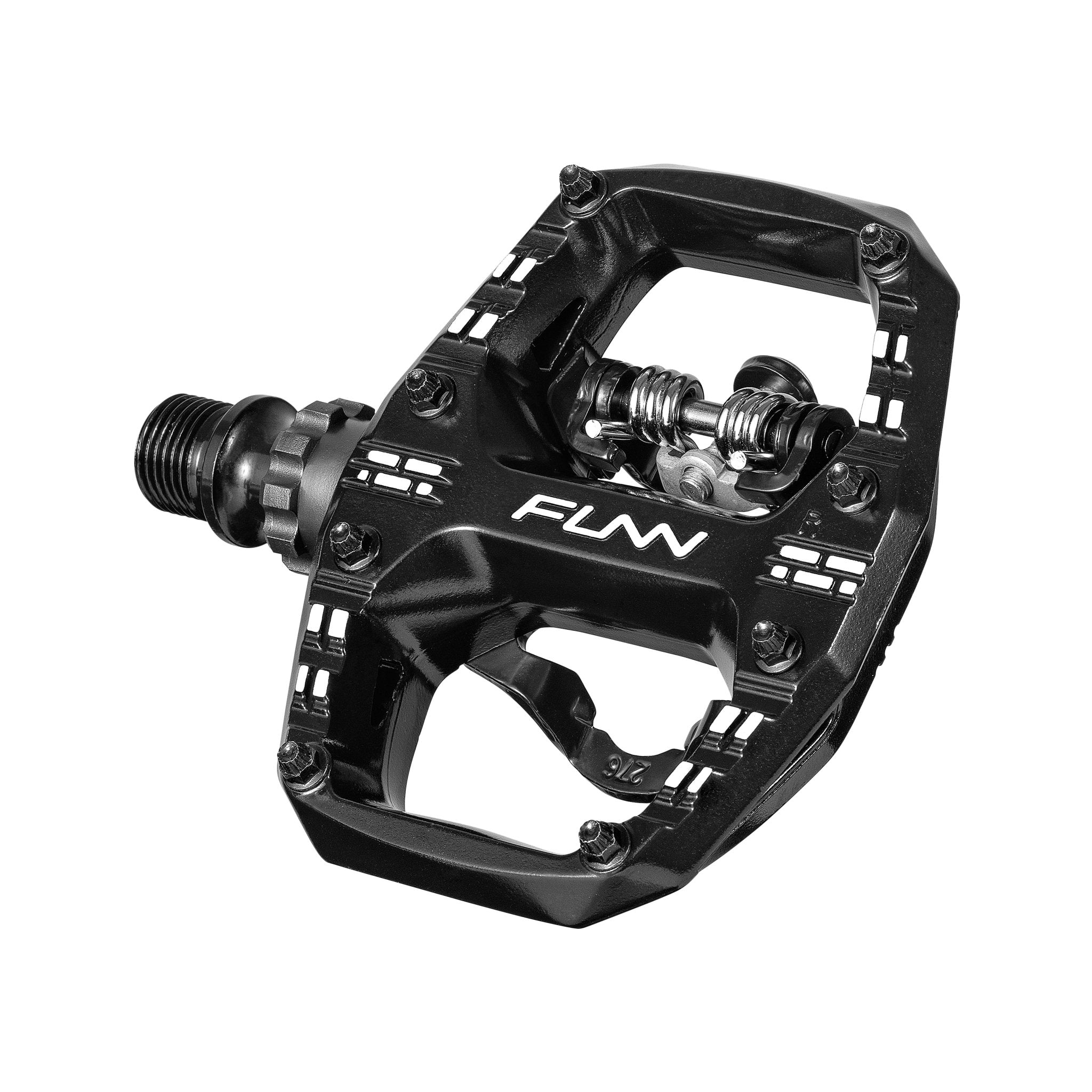 Black FUNN Clast Clip-In Pedals with wide alloy platform, adjustable pins and spring-loaded clip system for mountain bikes