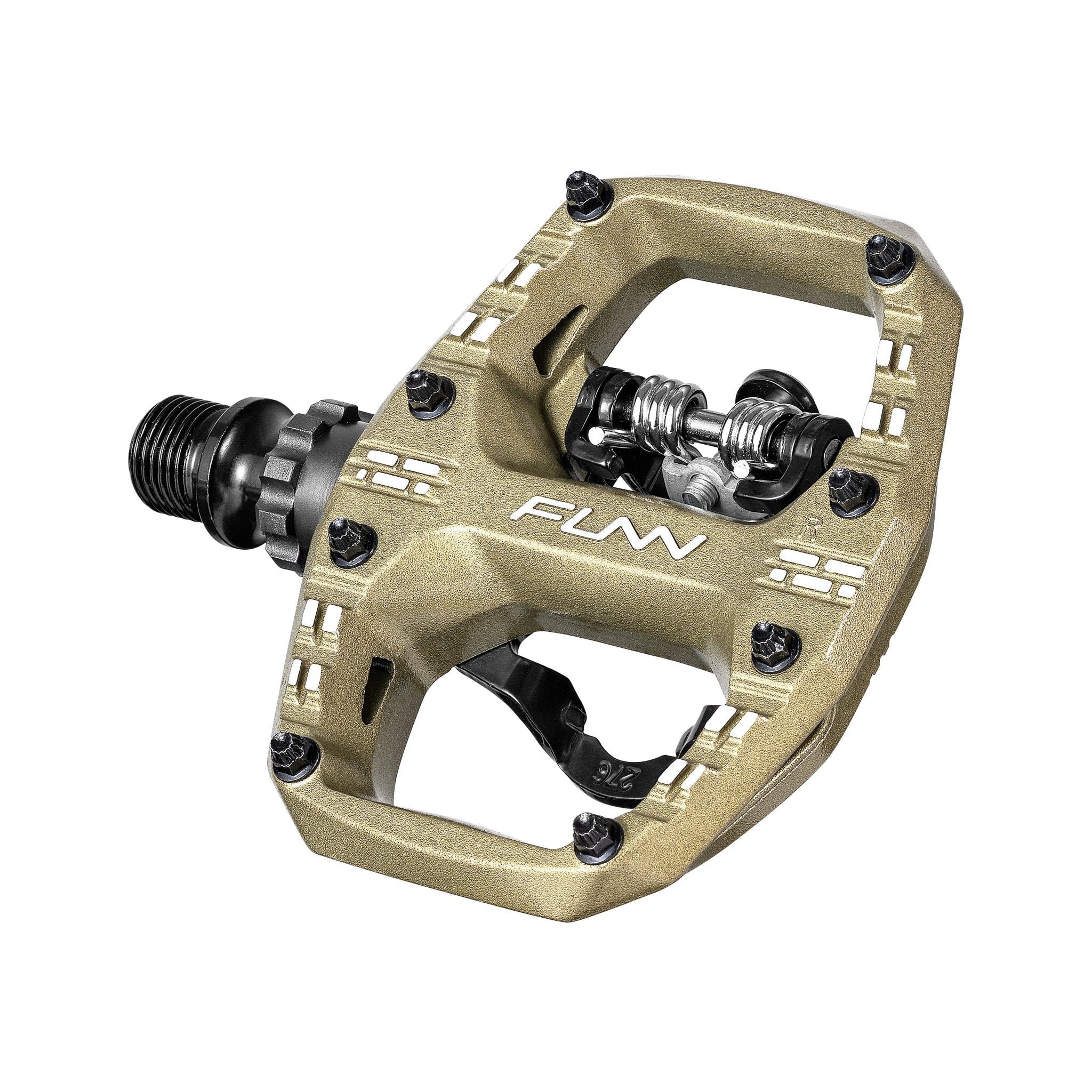 FUNN Clast Clip-In Pedals in Pilsner, alloy MTB platform with adjustable pins and spring-loaded clipless mechanism