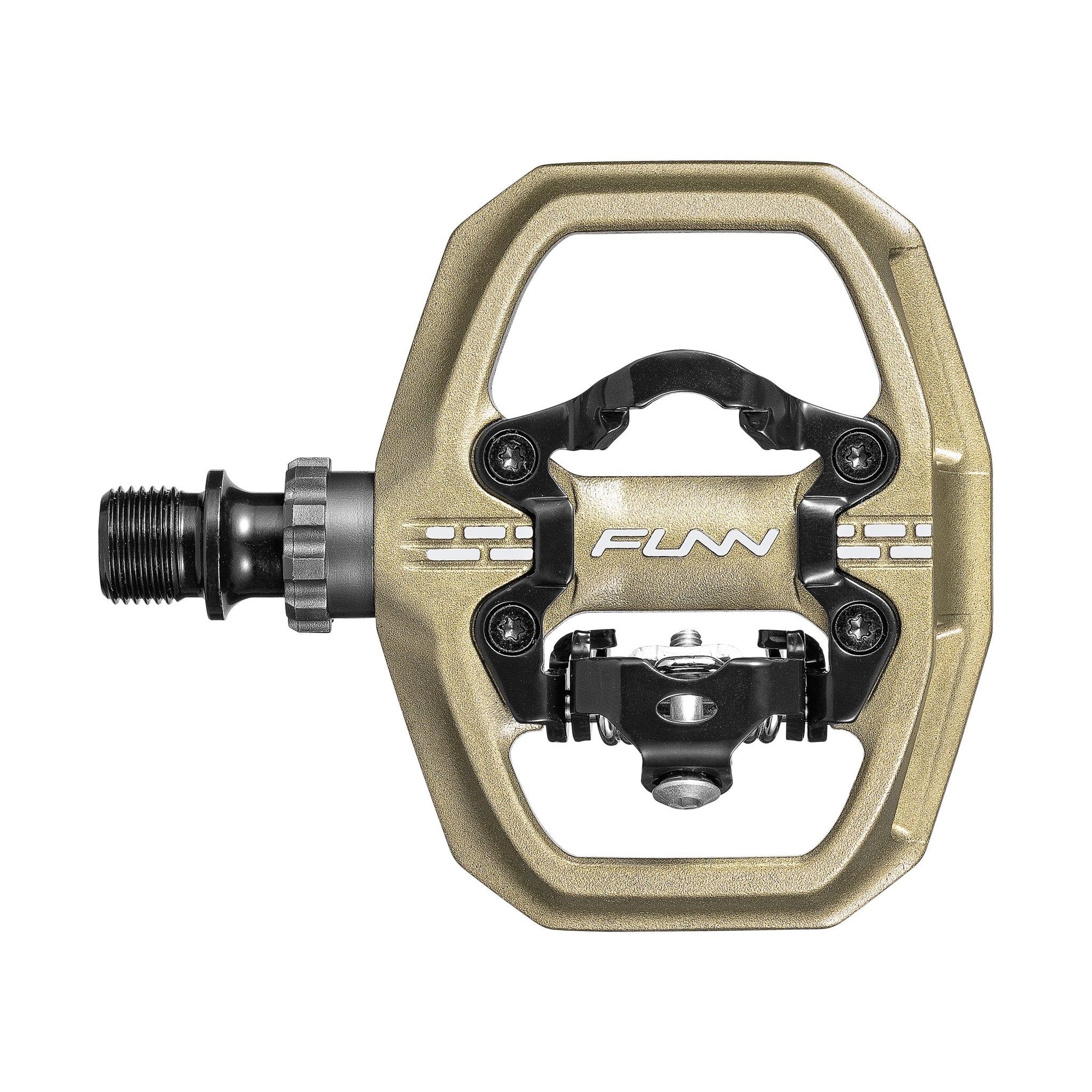 FUNN Clast Clip-In Pedals in Pilsner gold, alloy SPD-compatible mountain bike pedal with open, hexagonal platform design