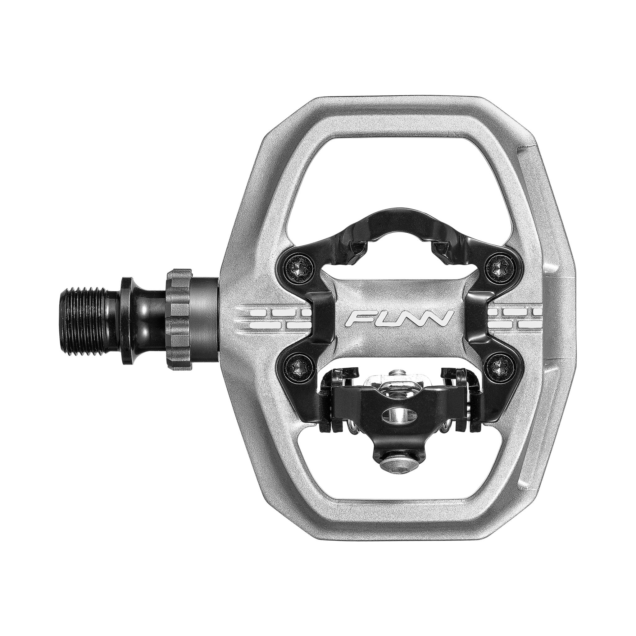FUNN Clast Clip-In Pedals, silver alloy SPD-compatible bike pedal with open cage design and black steel axle for secure clipping