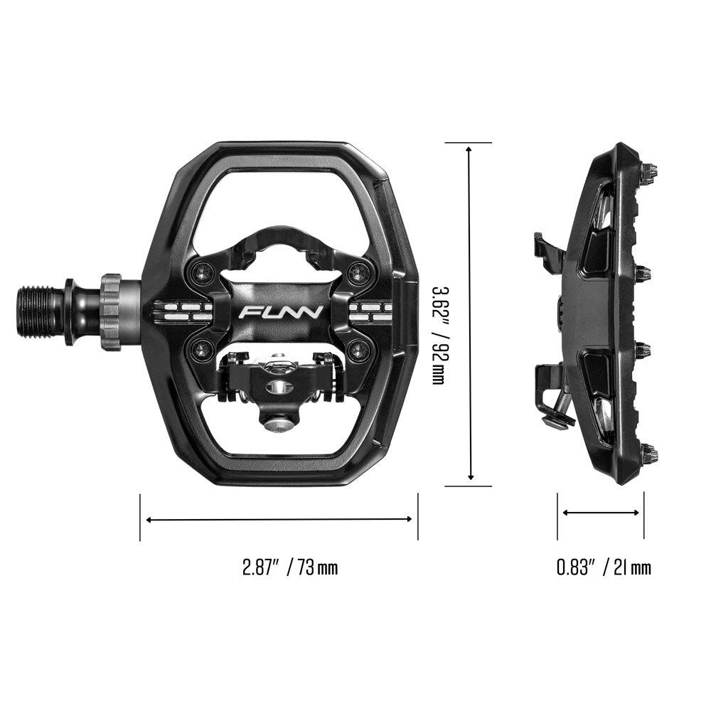 FUNN Clast Clip-In Pedals, black alloy platform with SPD-style mechanism and spec dimensions 92x73x21mm for MTB riders