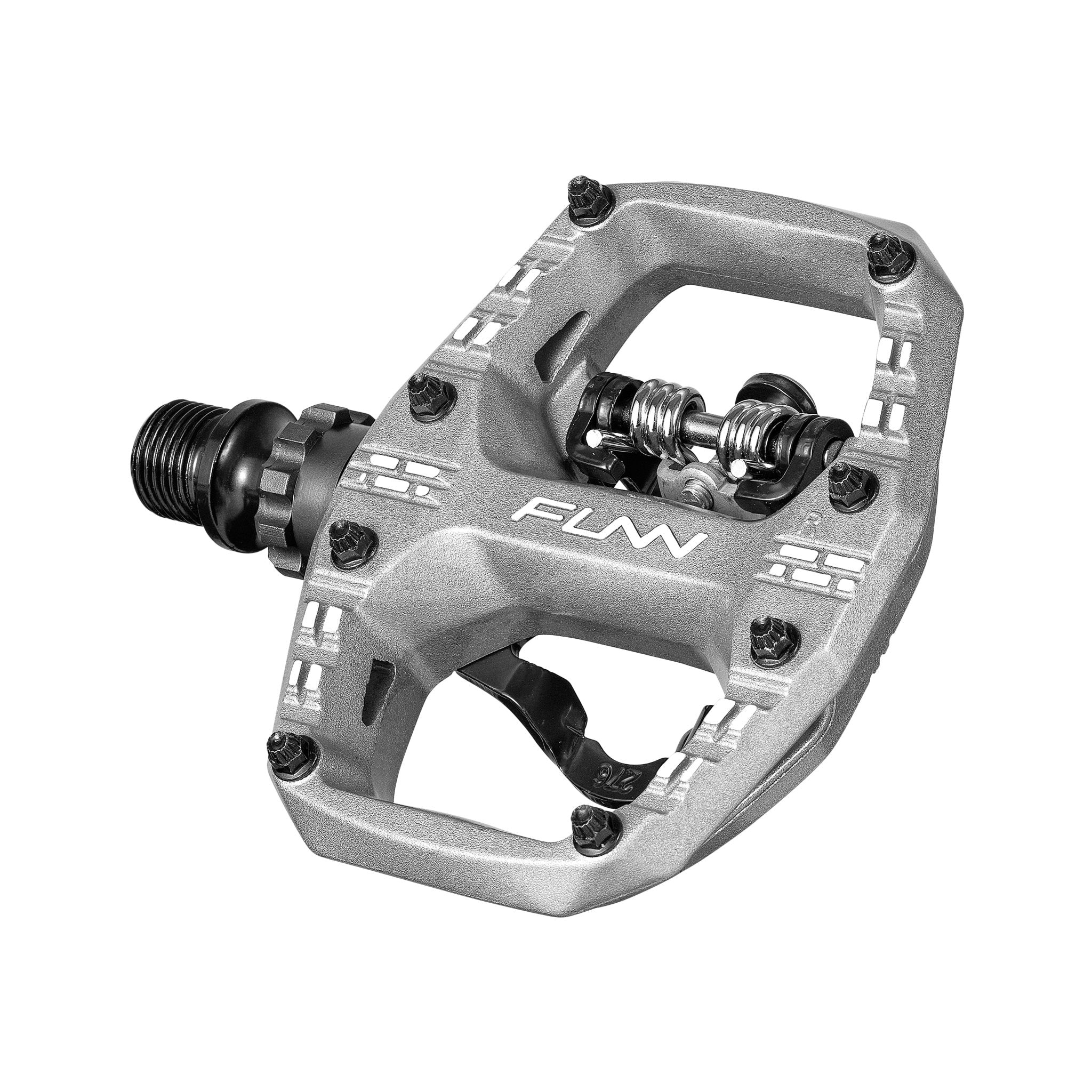 FUNN Clast Clip-In Pedals in silver alloy, wide platform MTB pedal with clip-in mechanism and replaceable grip pins