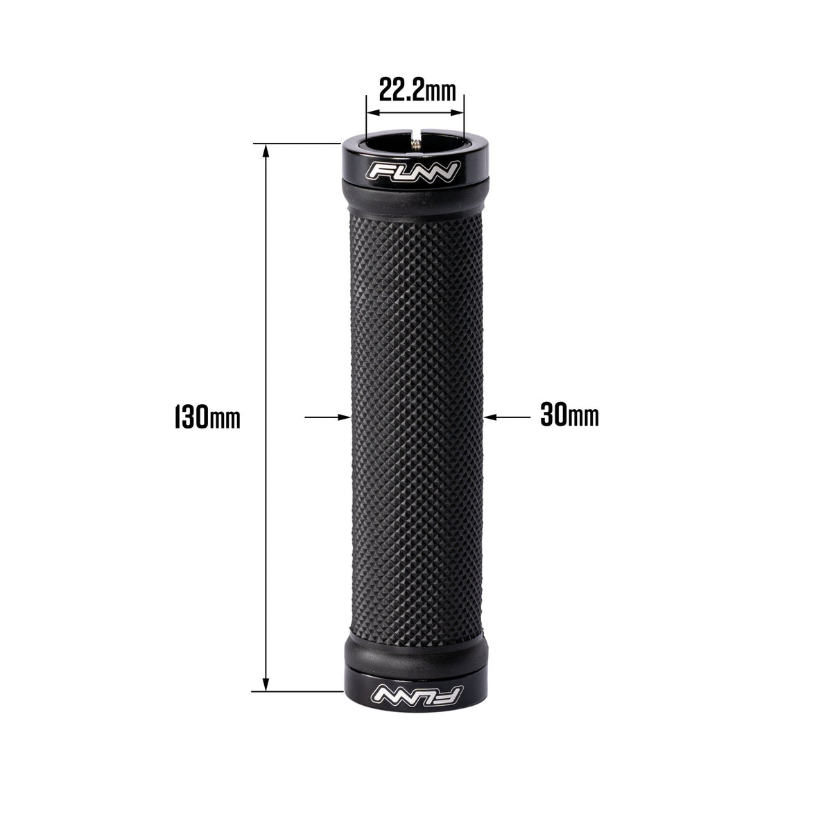 Black FUNN Combat I Lock-On Grips with knurled rubber texture and alloy lock rings, 130mm length, 30mm diameter for MTB handlebars