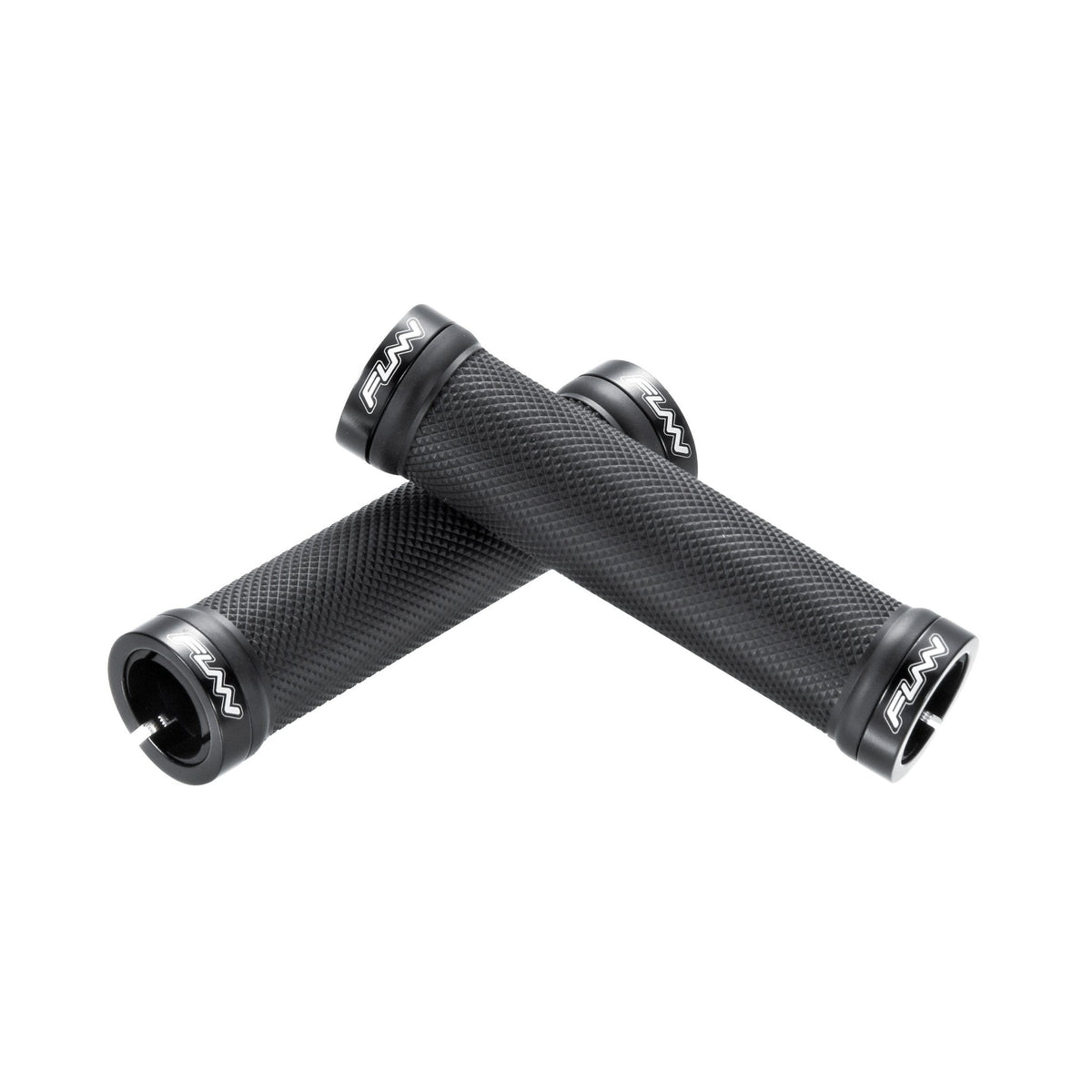 Black FUNN Combat I Lock-On Grips with textured rubber surface and alloy lock rings for secure, comfortable bike handlebar control.