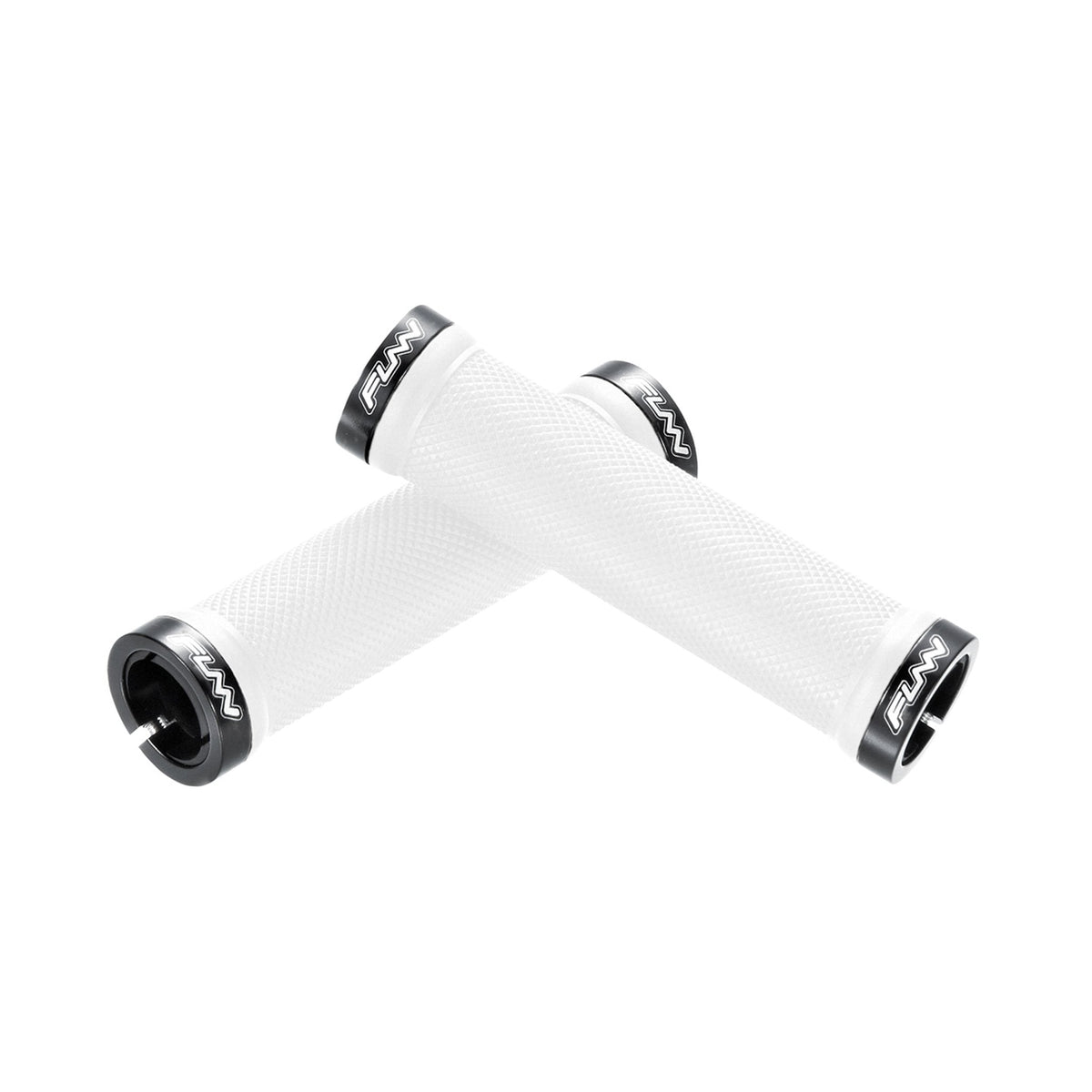 White FUNN Combat I Lock-On Grips with textured rubber surface and black alloy lock rings for secure mountain bike control