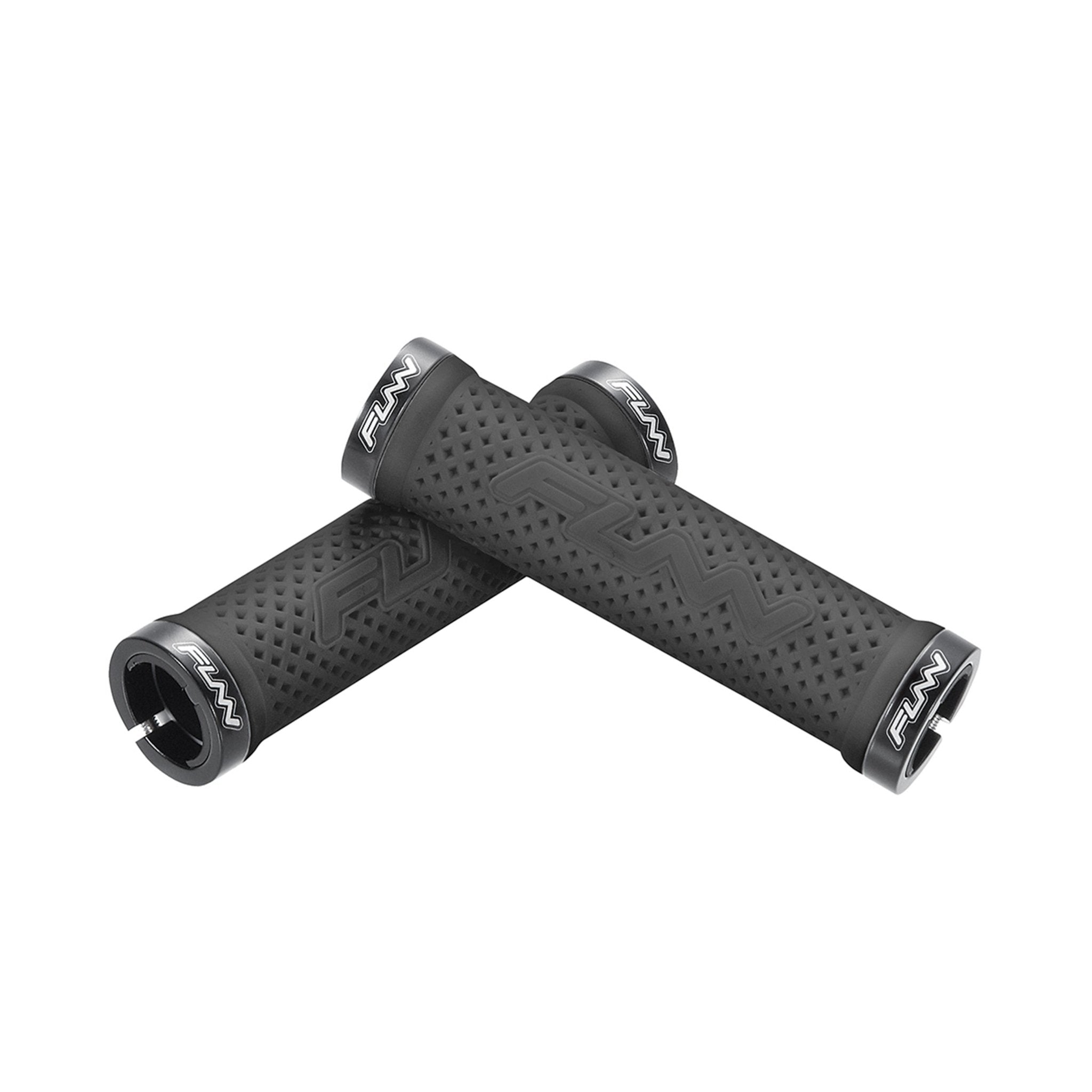 FUNN Combat II Lock-On Grips in black rubber with textured pattern and alloy lock rings for secure mountain bike handlebar control