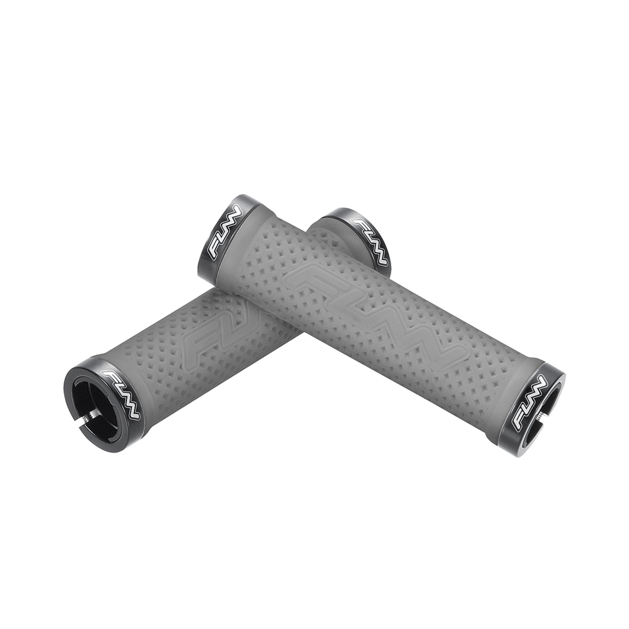 FUNN Combat II Lock-On Grips in grey rubber with textured pattern and alloy clamp rings for secure mountain bike handlebar control