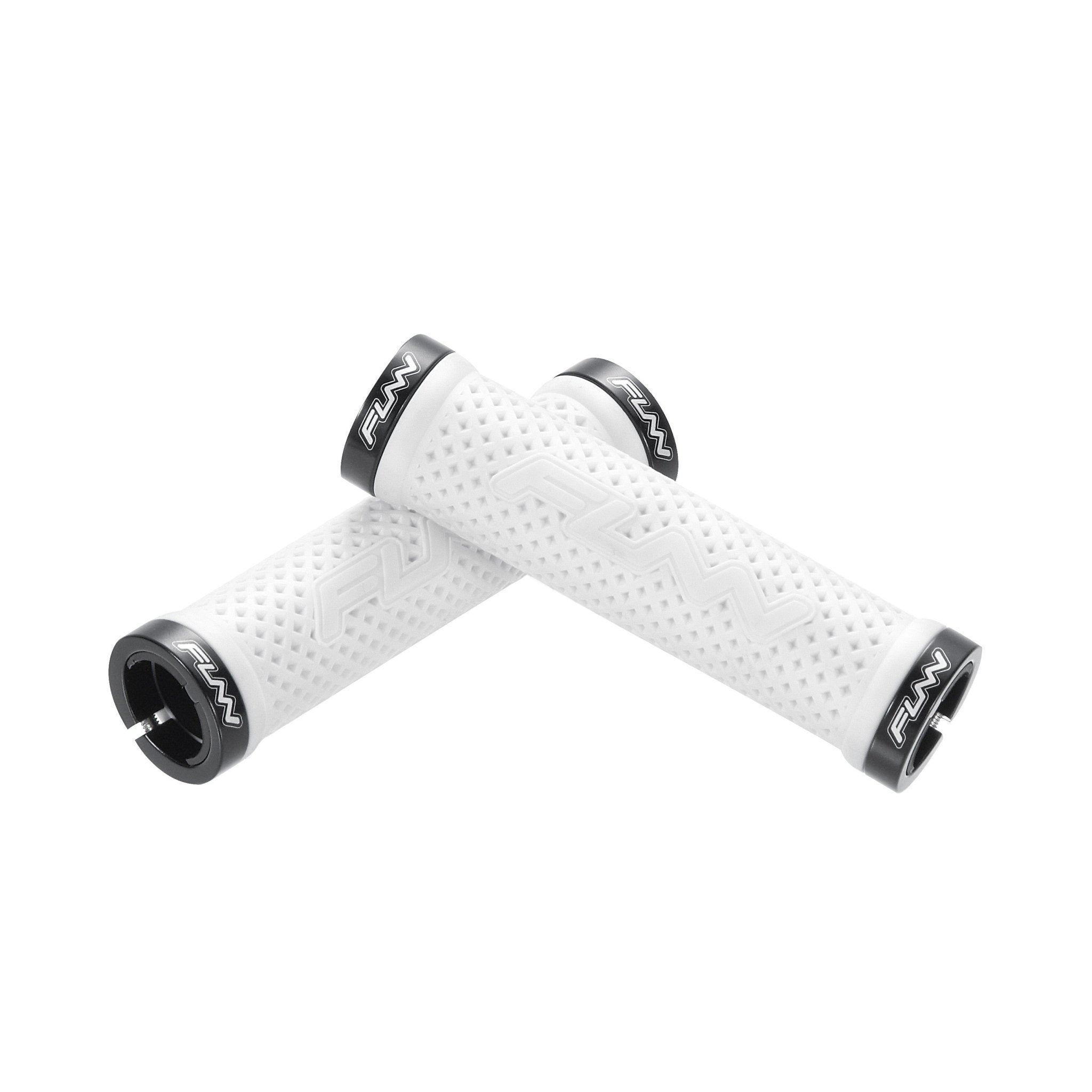 White FUNN Combat II Lock-On Grips with textured rubber surface and black alloy lock rings for secure mountain bike control.