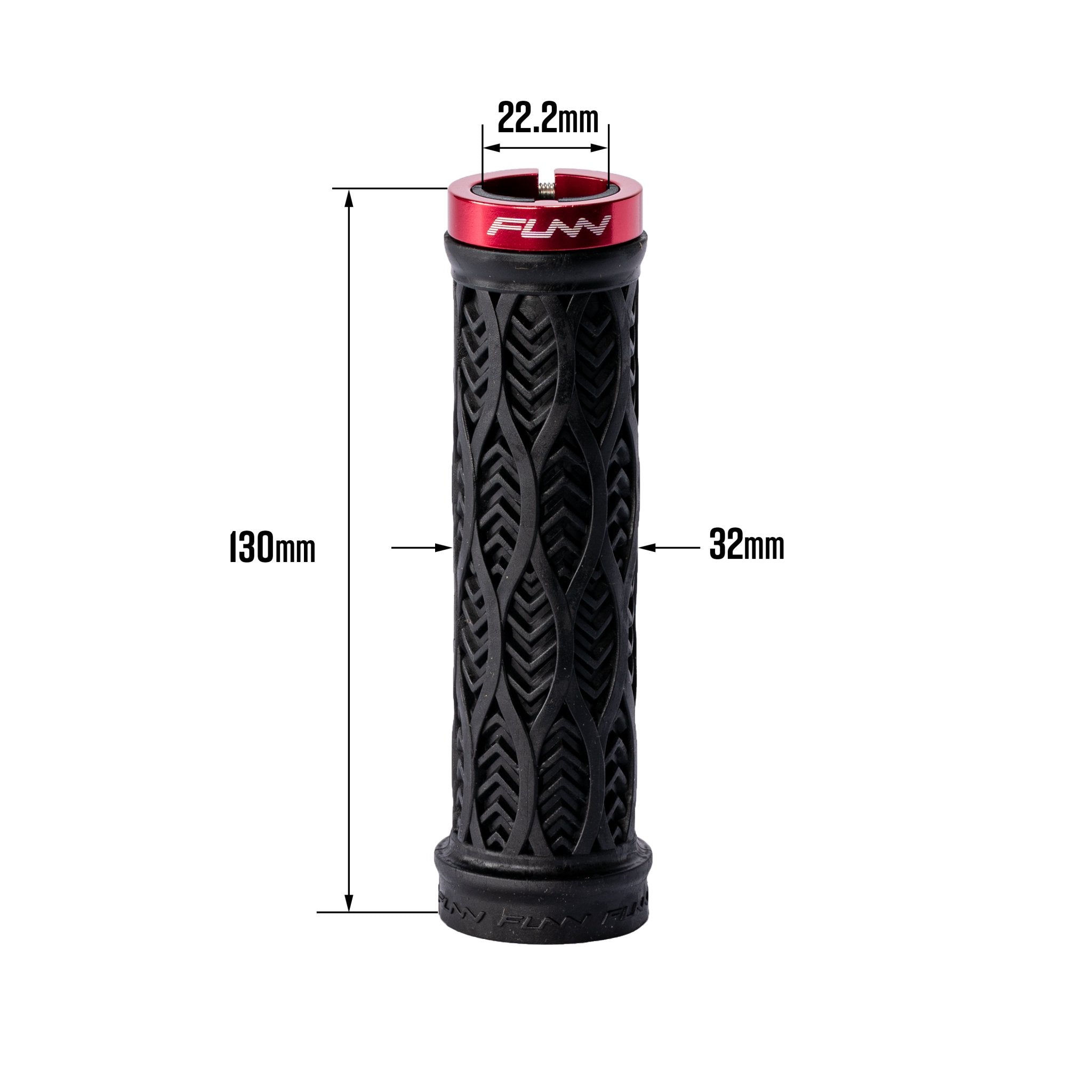 FUNN Combat III Lock-On Grips, black rubber with textured tread and red clamp ring, 130mm x 32mm bike handlebar grip