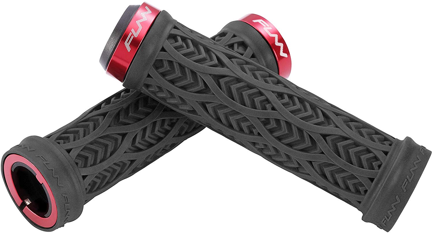 FUNN Combat III Lock-On Grips, black rubber with textured tread and red alloy lock rings for secure, comfortable bike control