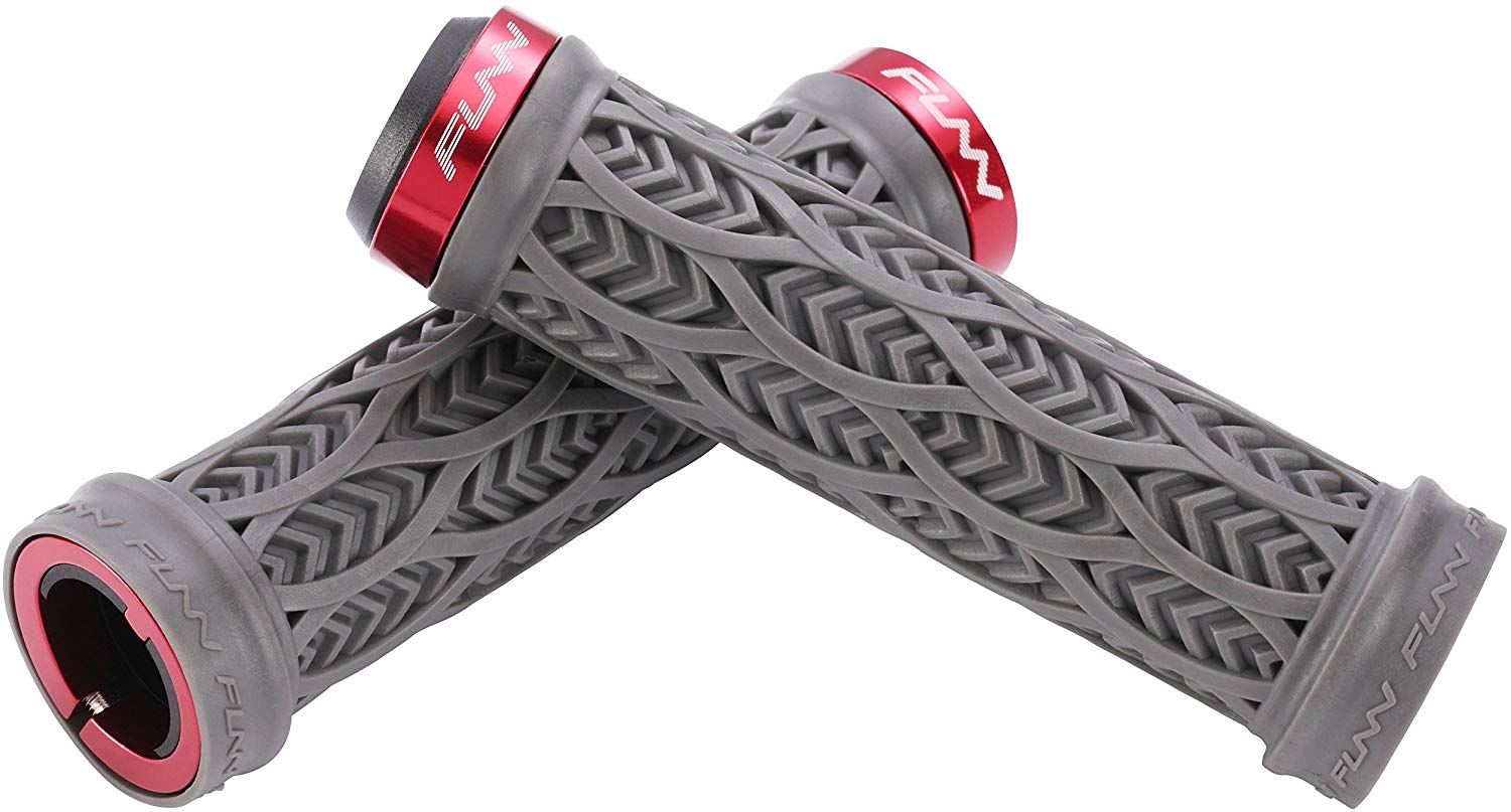 FUNN Combat III Lock-On Grips, grey rubber with textured chevron pattern and red alloy lock rings for secure bike handlebar control