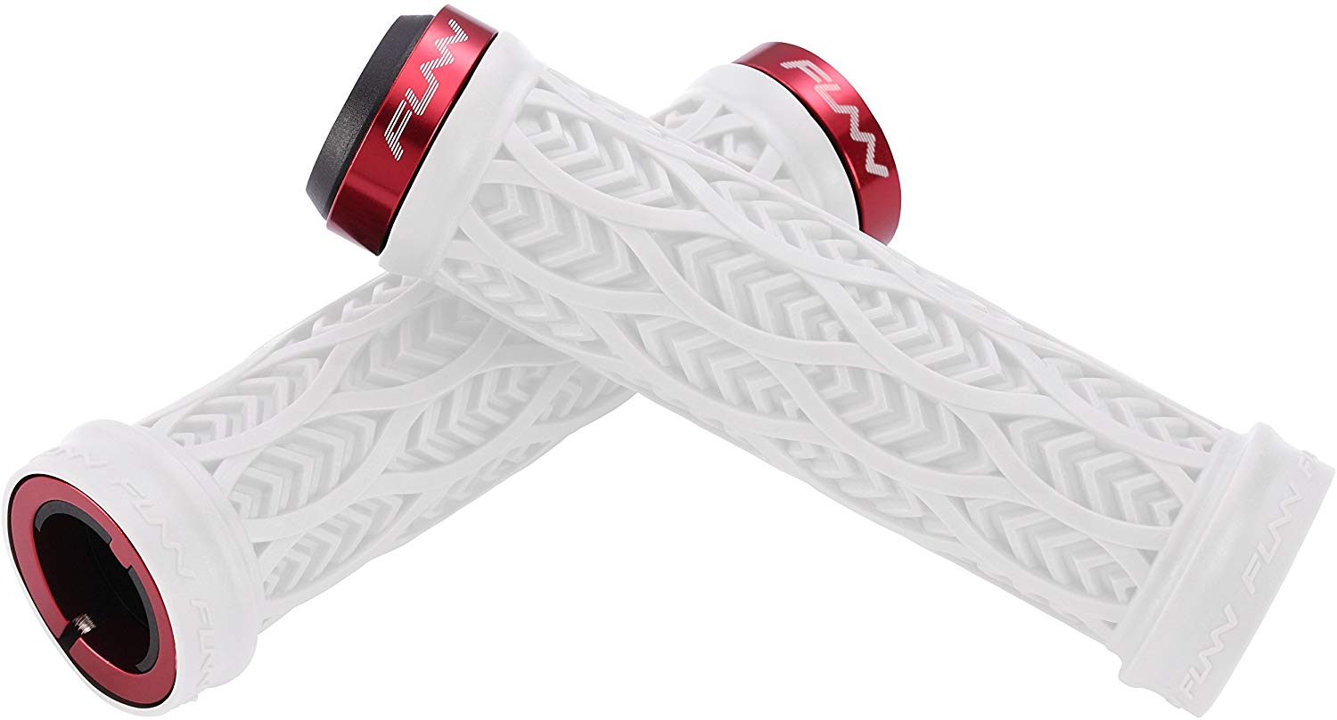 FUNN Combat III Lock-On Grips, white textured rubber bike handlebar grips with red alloy lock rings for secure, non-slip control