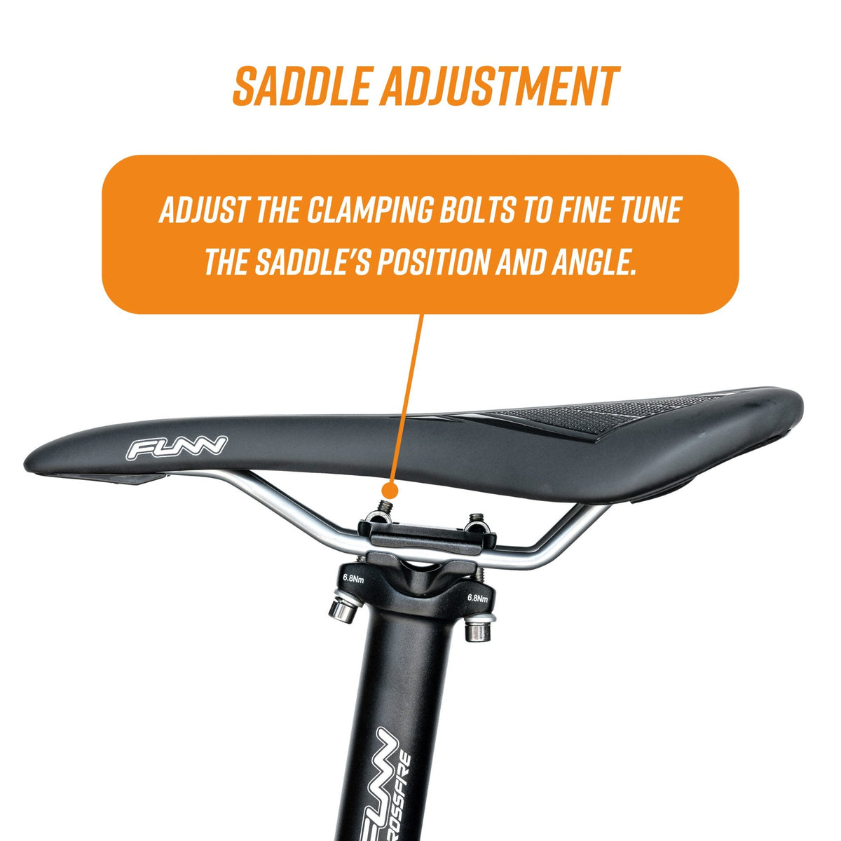 Black FUNN Crossfire Seatpost with adjustable clamping bolts shown supporting a sleek black bike saddle for precise angle tuning