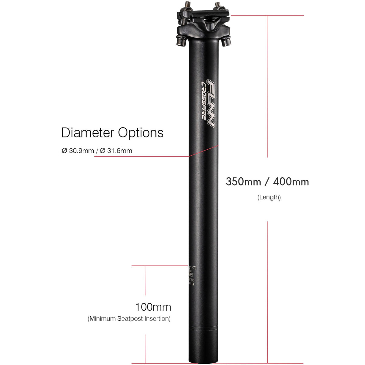 FUNN Crossfire Seatpost, black alloy bike seat post with clamp head, 30.9/31.6mm diameter, 350–400mm length for MTB and road bikes
