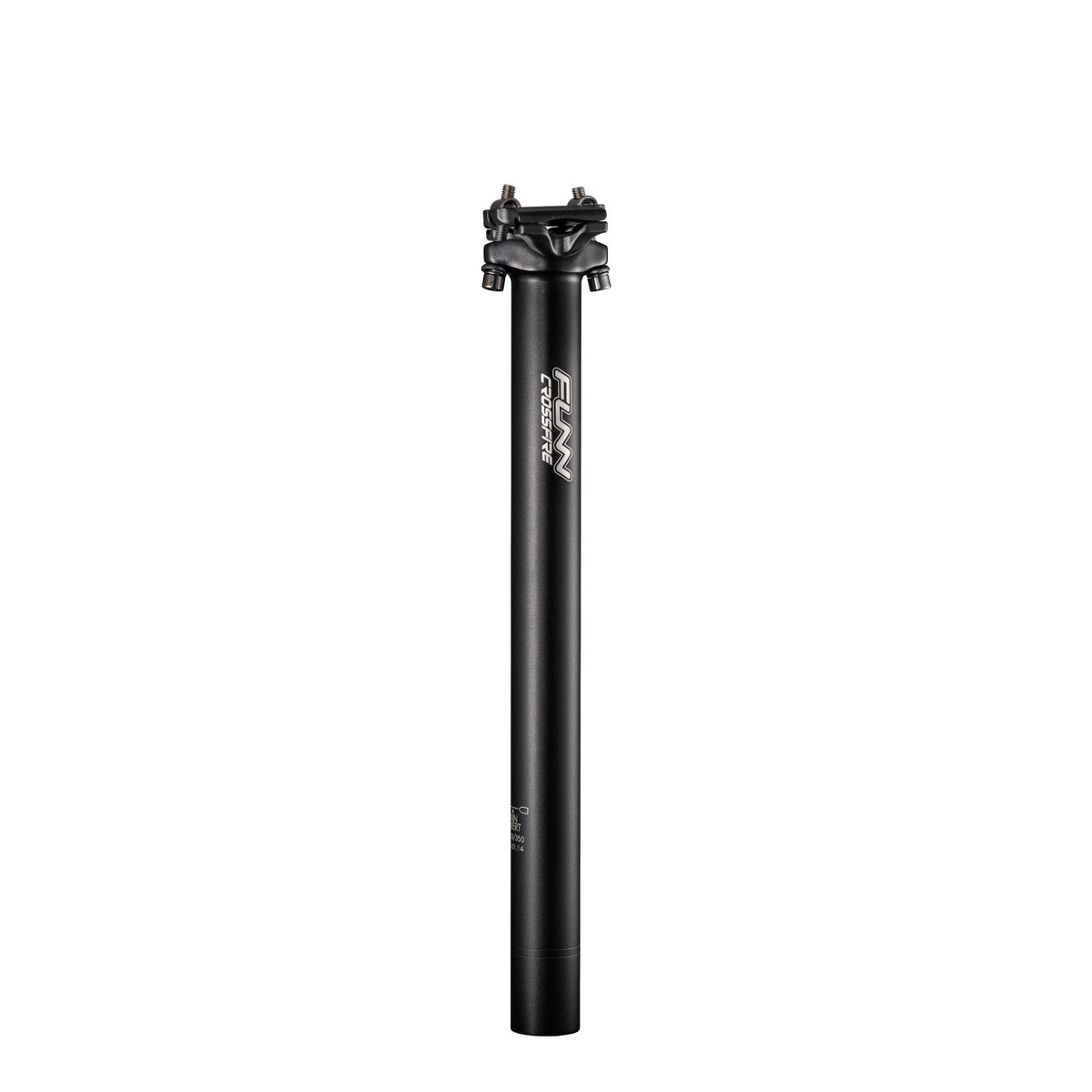Black FUNN Crossfire Seatpost, lightweight alloy bicycle seat post with two-bolt clamp head for secure saddle adjustment