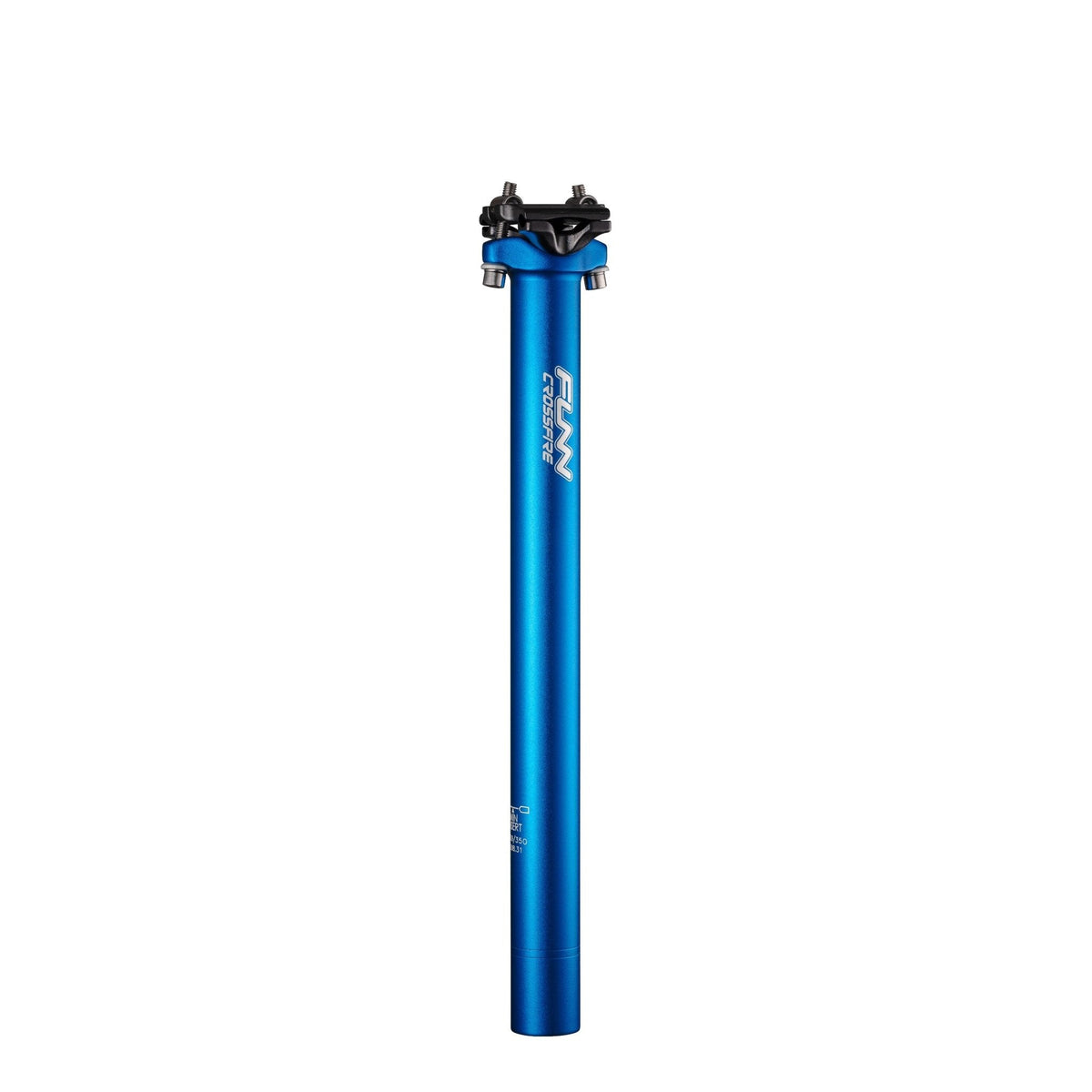 FUNN Crossfire Seatpost in blue anodized alloy, slim cylindrical bike seat post with two-bolt saddle clamp system