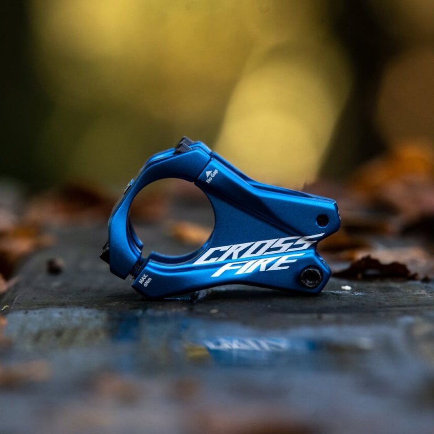Blue aluminum FUNN Crossfire Stem with white logo, 31.8mm clamp and 35mm length for mountain bike handlebars