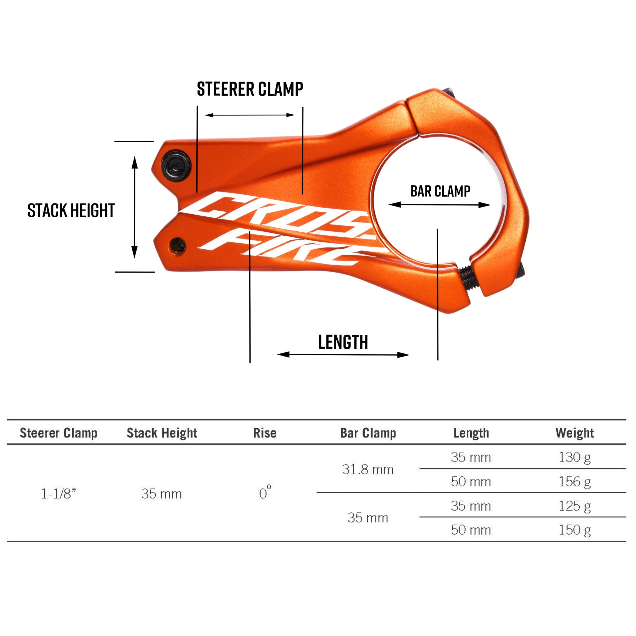 FUNN Cross Fire stem spec chart showing orange alloy MTB stem with steerer clamp, bar clamp, stack height and length measurements