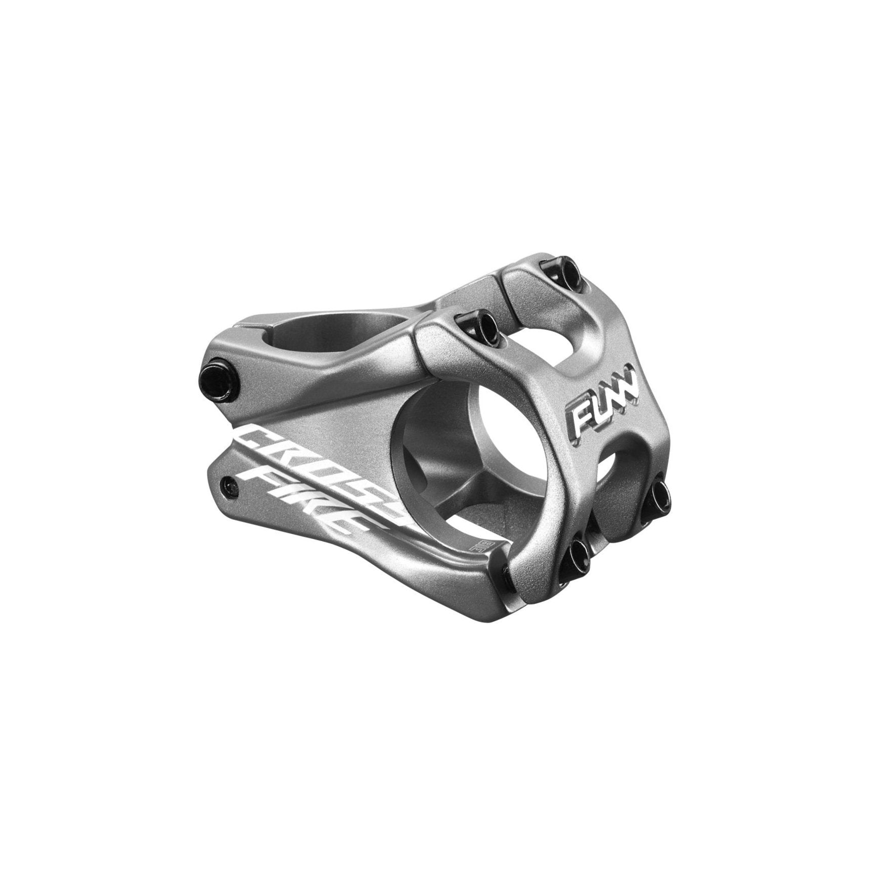 Silver FUNN Crossfire mountain bike stem, CNC alloy, 31.8mm clamp 35mm length with four-bolt faceplate and bold logos