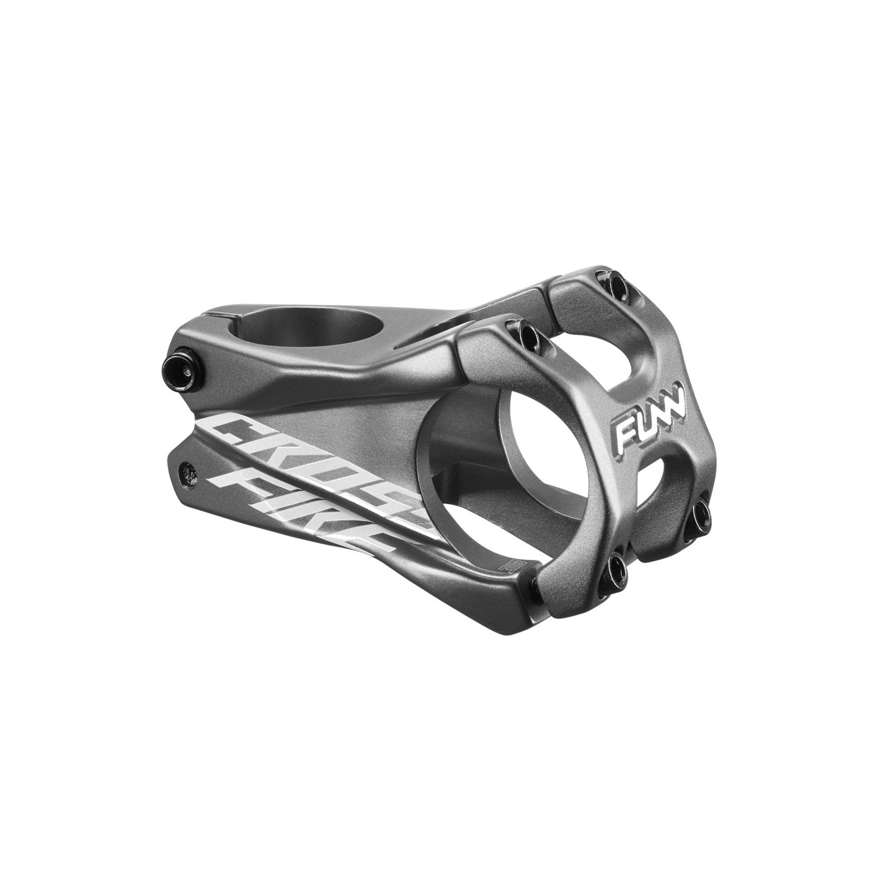 FUNN Crossfire Stem in matte grey alloy, 31.8mm clamp 50mm length mountain bike handlebar stem with bold white logo
