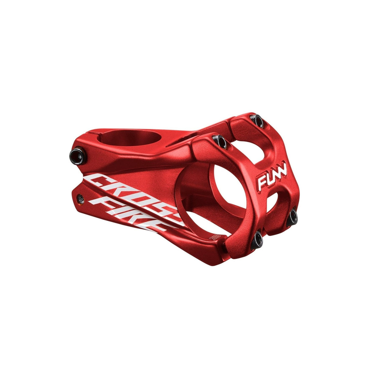 Red FUNN Crossfire Stem, CNC alloy mountain bike stem with 31.8mm clamp and 50mm length, four-bolt faceplate design
