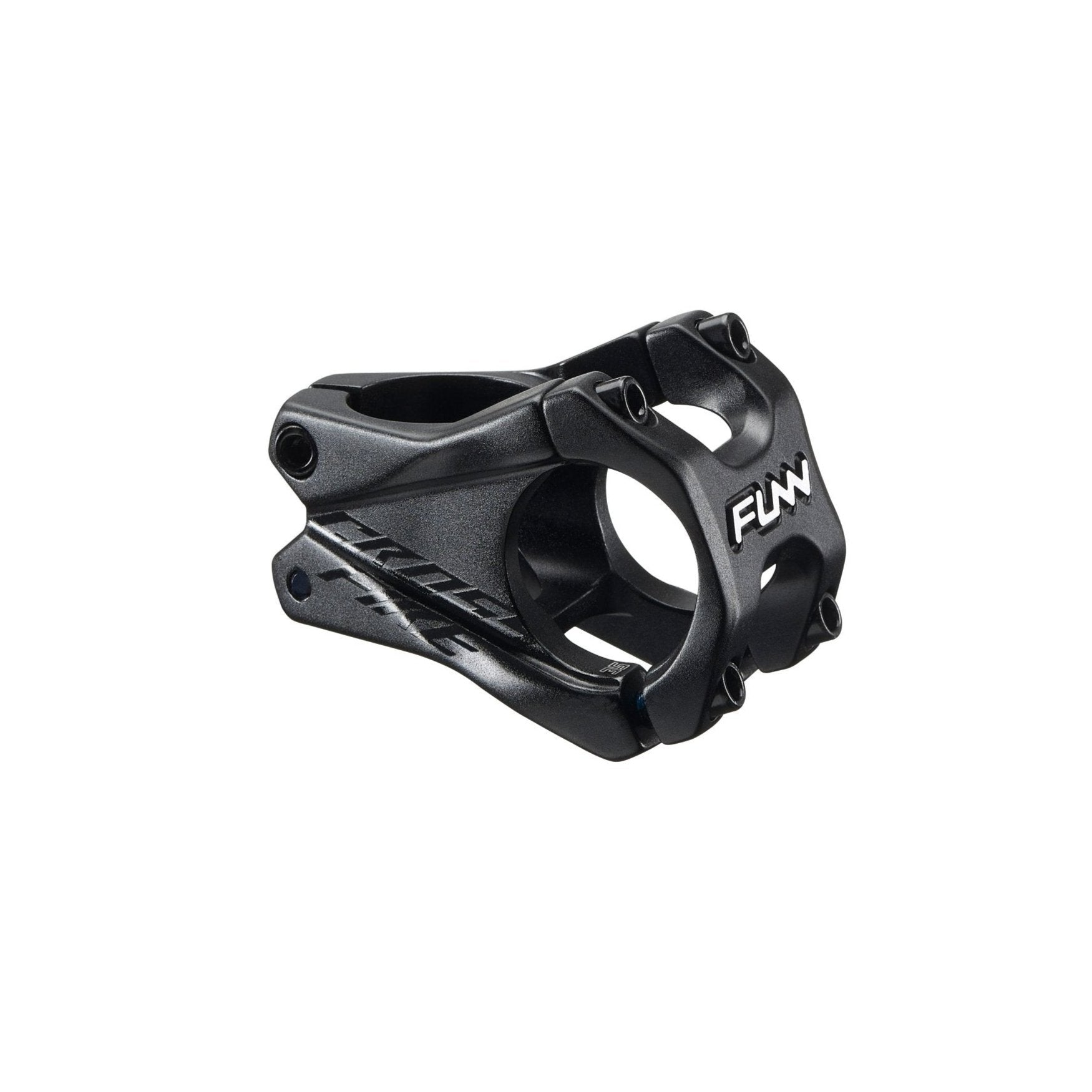 Black alloy FUNN Crossfire Stem with 35mm clamp, 35mm length, short CNC mountain bike handlebar stem for precise control