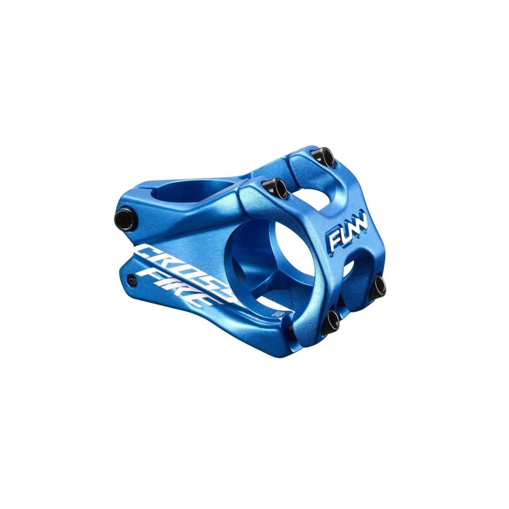 FUNN Crossfire Stem in blue, 35mm clamp 35mm length, CNC alloy mountain bike handlebar stem with four-bolt faceplate