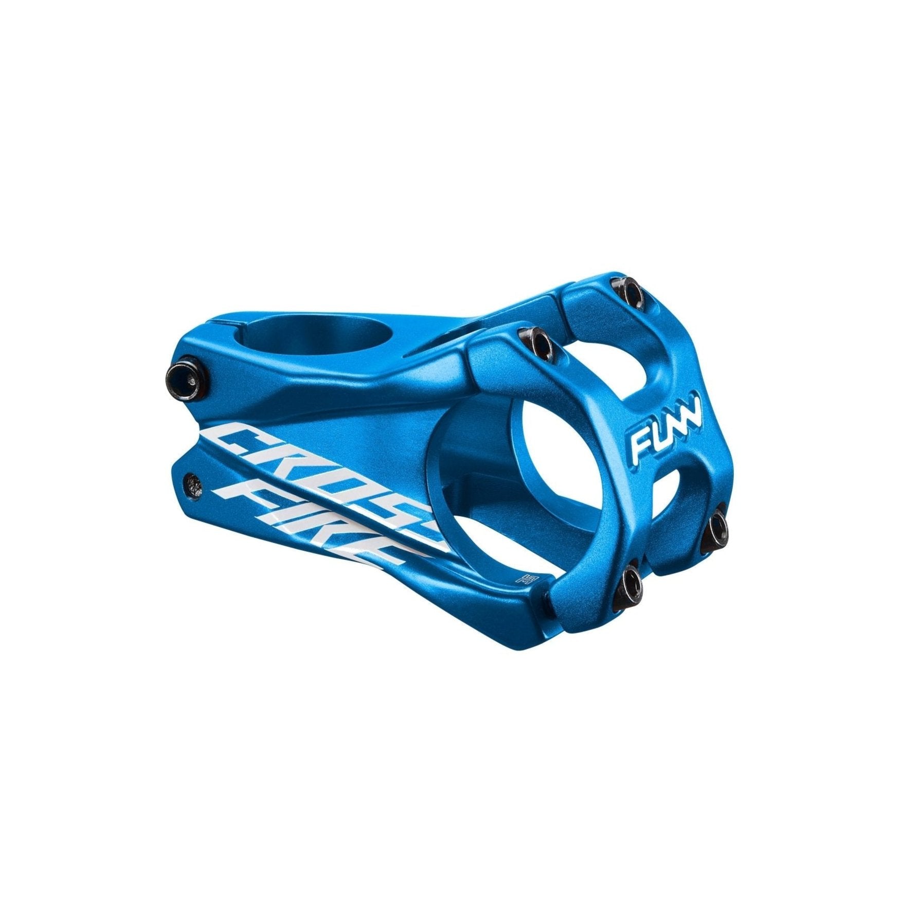 Blue FUNN Crossfire Stem, alloy mountain bike stem with 35mm clamp, 50mm length and white graphics for handlebars