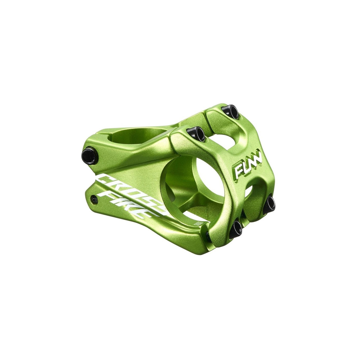 FUNN Crossfire Stem in green alloy, short 35mm length with 35mm clamp, four-bolt faceplate for MTB handlebars