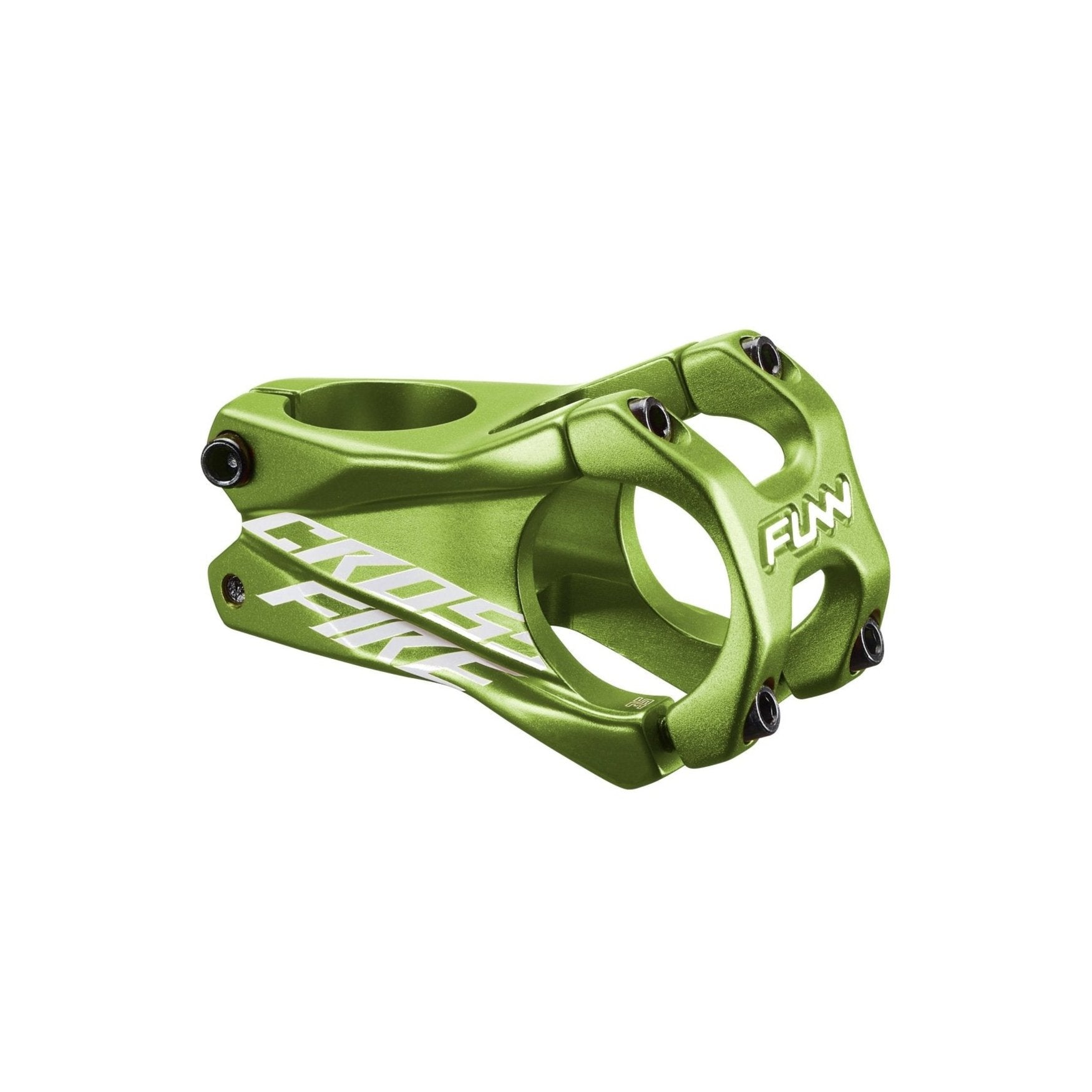 FUNN Crossfire Stem in green alloy, 35mm clamp 50mm length MTB handlebar stem with white logo and bolt faceplate