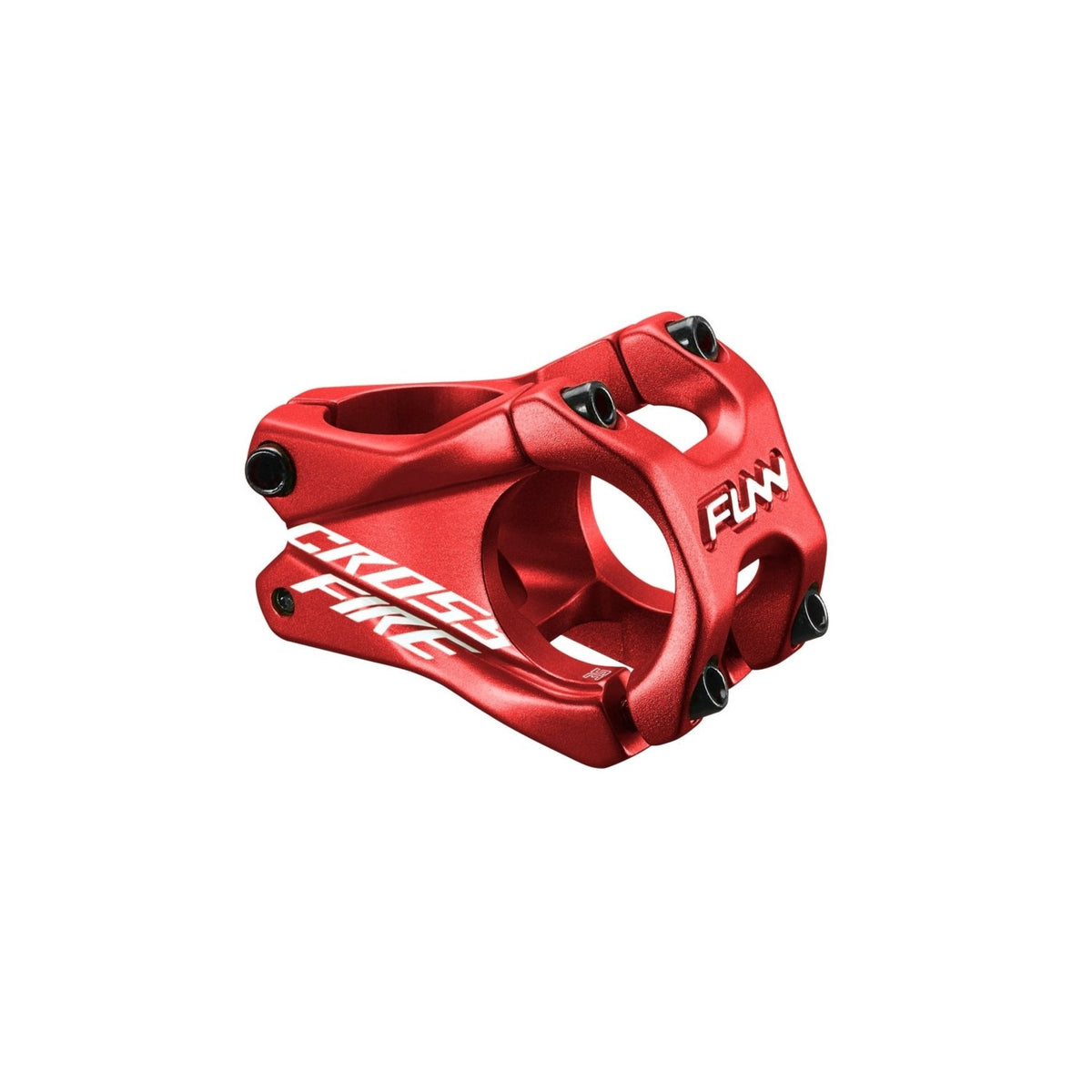 Red FUNN Crossfire Stem, CNC alloy MTB handlebar stem with 35mm clamp and 35mm length, bold white graphics and black bolts