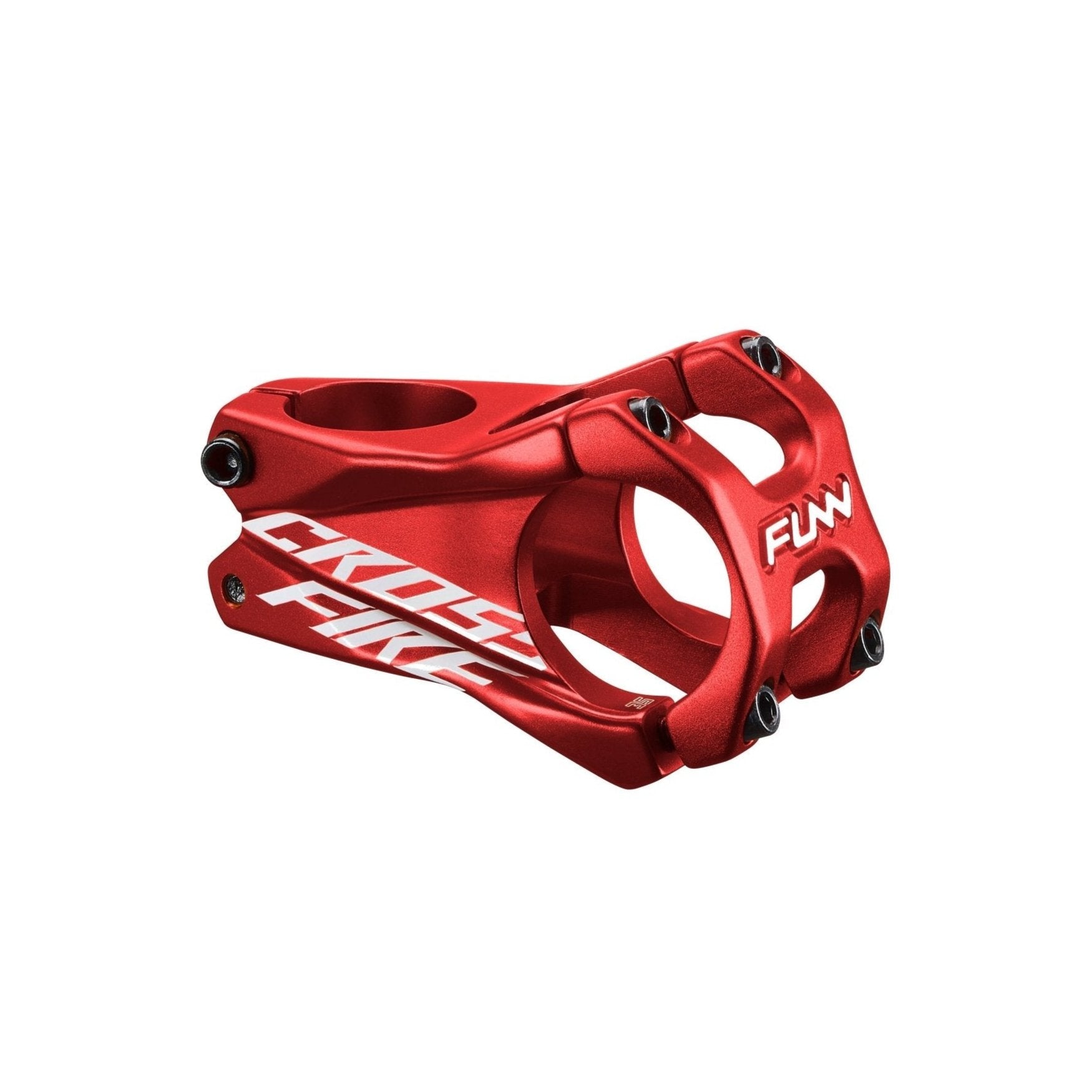 Red FUNN Crossfire Stem, CNC alloy mountain bike stem with 35mm clamp, 50mm length, bold white logo and faceplate bolts