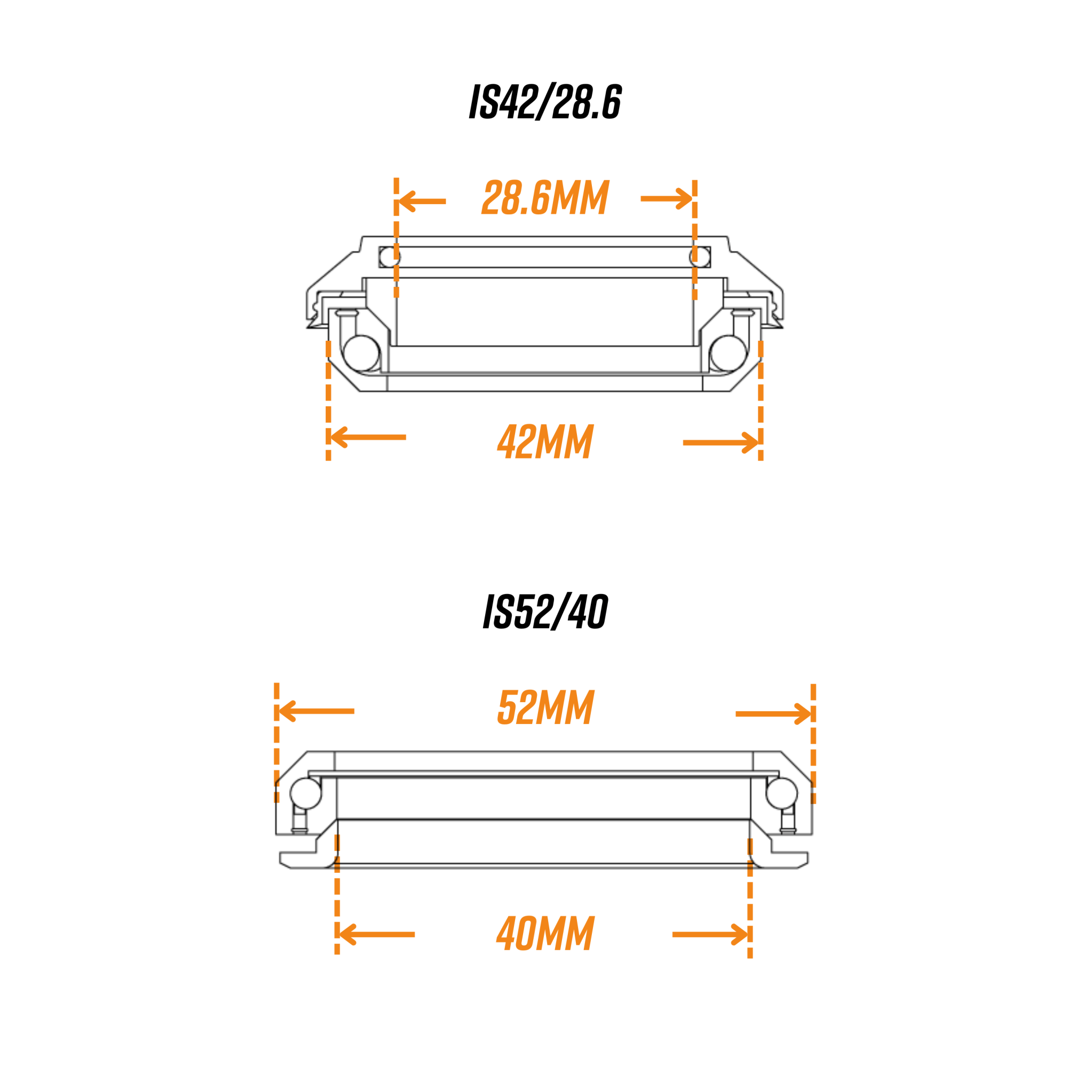 FUNN Descend Integral Headset diagram showing IS42/28.6 and IS52/40 sizes with 28.6mm, 42mm, 52mm and 40mm measurements