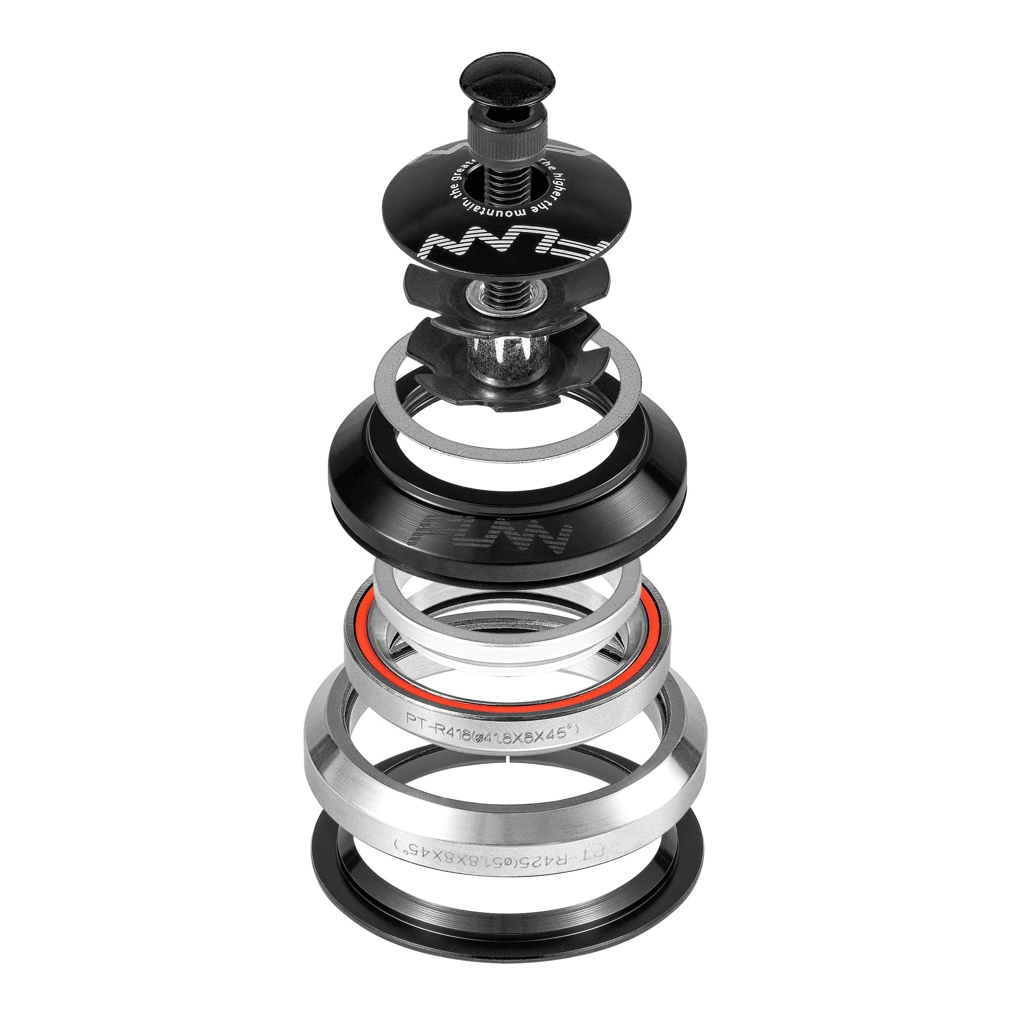 FUNN Descend Integral Headset exploded view, black and silver alloy bearings and spacers for smooth mountain bike steering