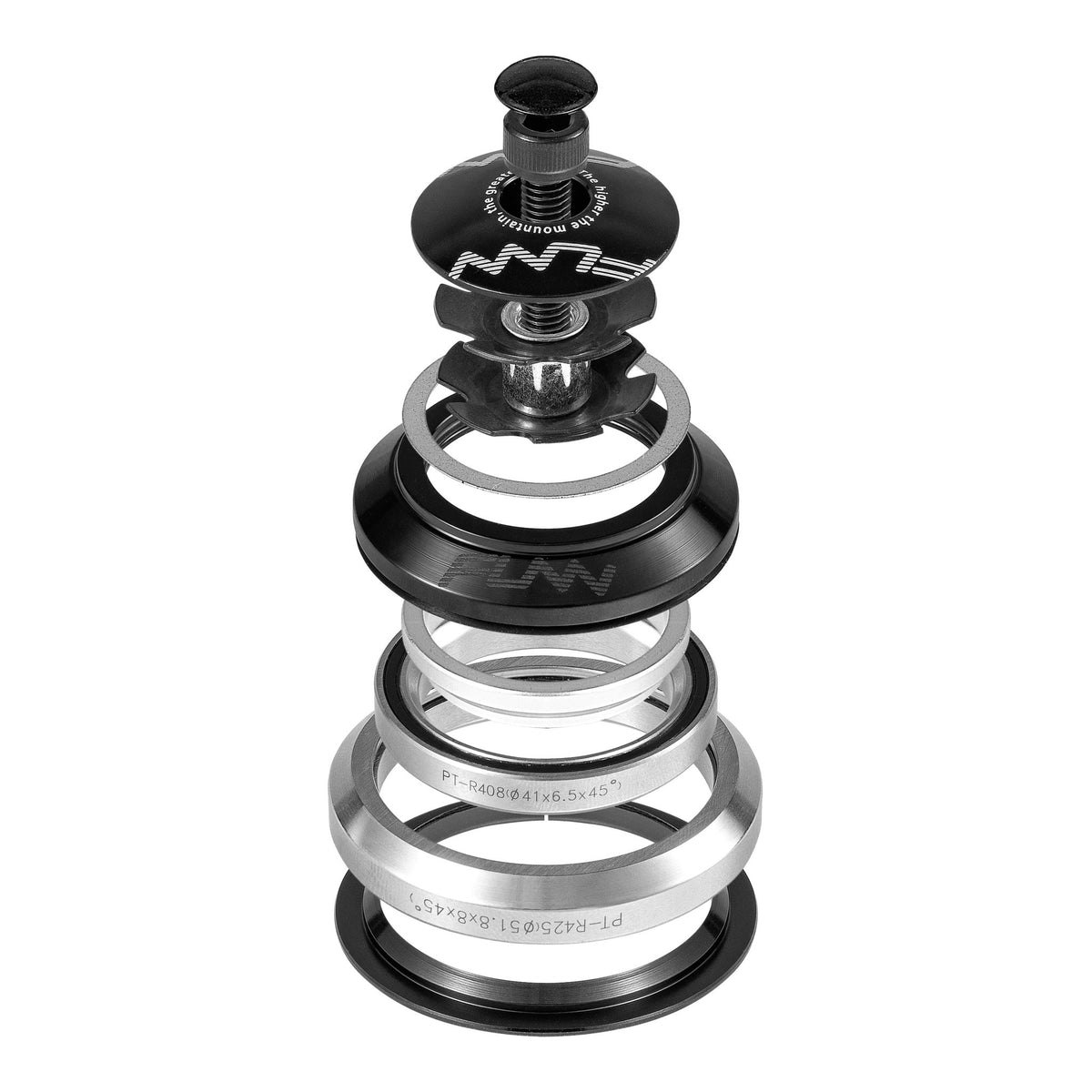 FUNN Descend Integral Headset exploded view, black and silver alloy bearings and spacers for smooth mountain bike steering