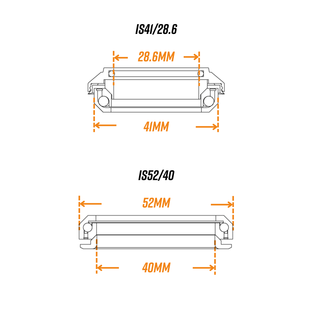 Technical diagram of FUNN Descend Integral Headset, showing IS41/28.6 and IS52/40 integrated headset dimensions in millimeters
